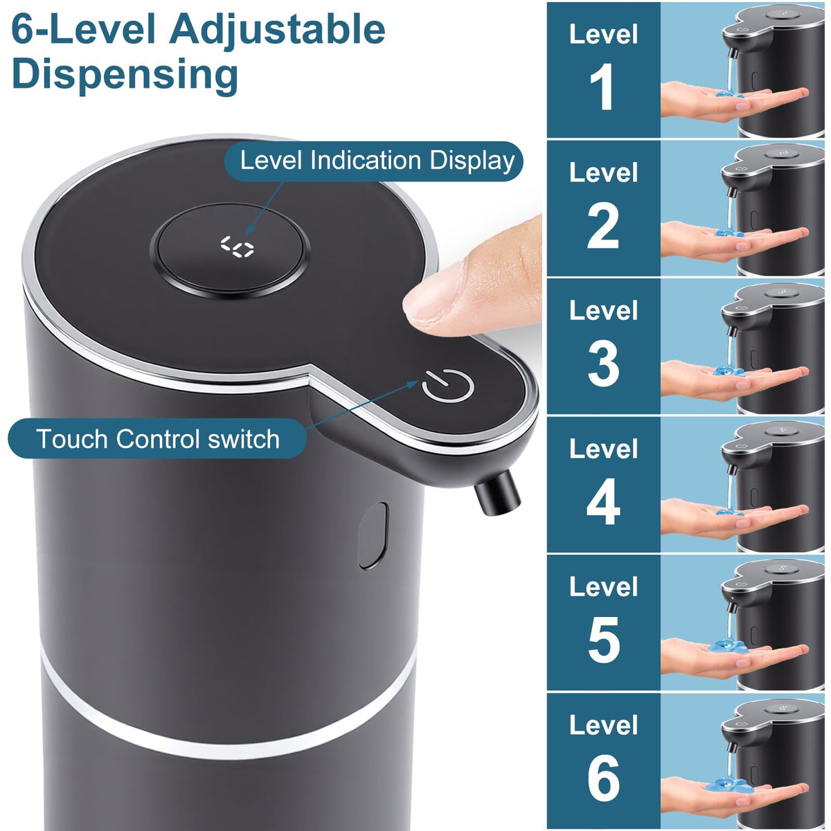 Automatic Soap Dispenser, Hand Soap Dispenser 12.8oz/380ml Smart Rechargeable, Liquid Touchless Soap Dispensers with 6-Level, Wall Mounted or Countertop Dish Soap Dispensing for Bathroom & Kitchen Black