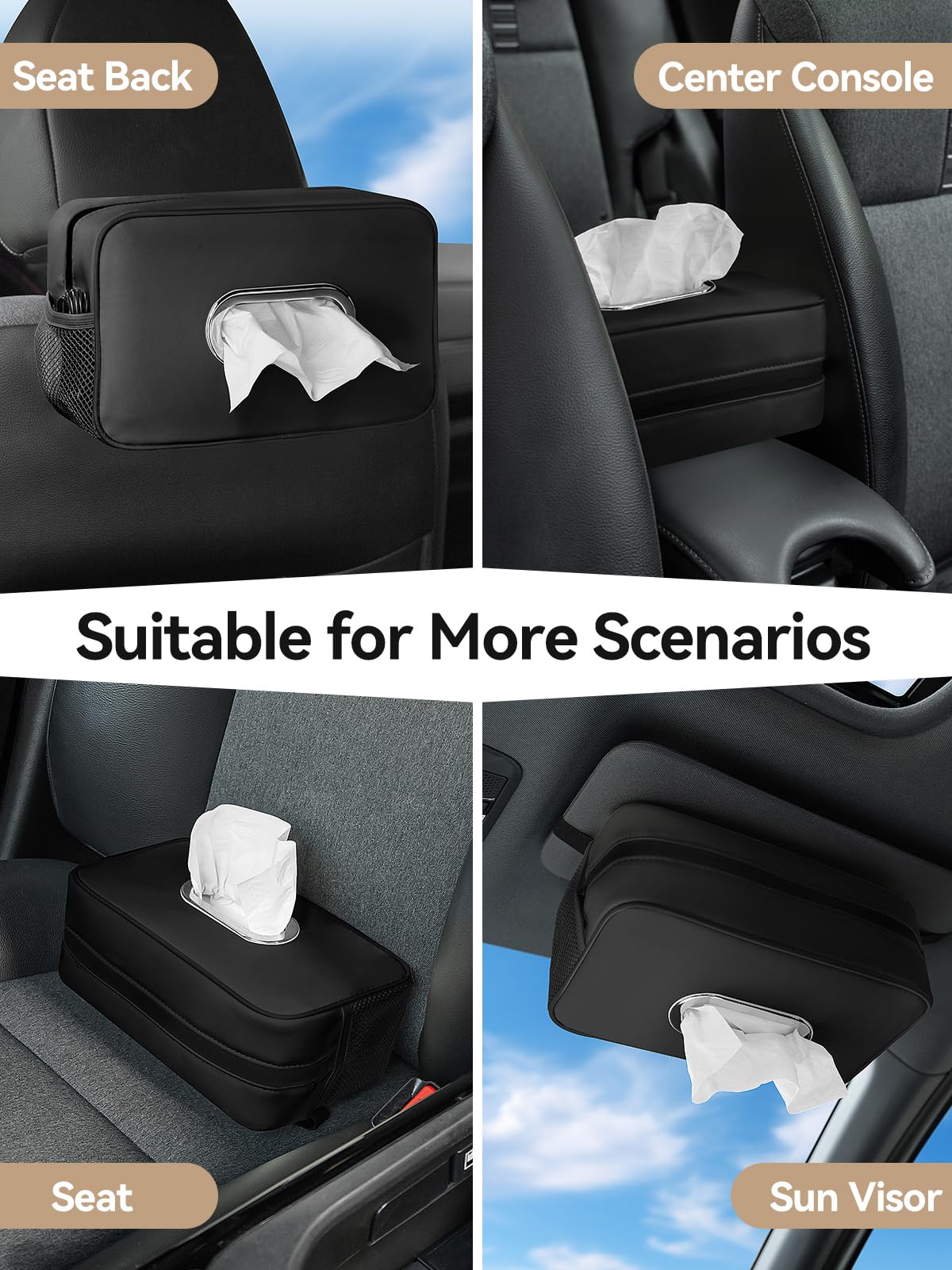 Multi-Functional Car Tissue Holder with ‌2 Storage Nets, Tissue Box Cover Black
