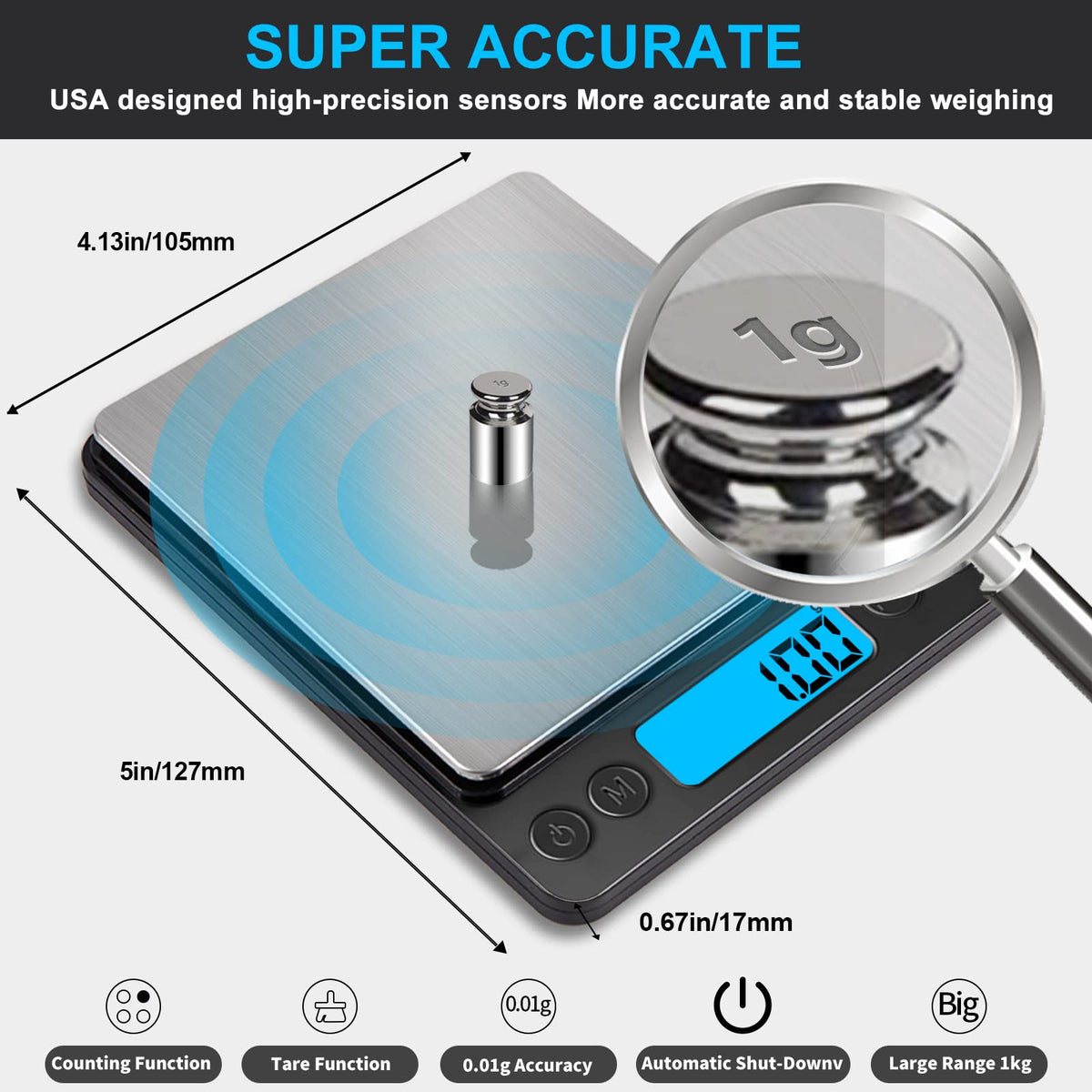 Small Digital Gram Scale 1000g by 0.01g, MEIYA High Accuracy Scale for Food Ounces and Grams, Upgrade USB Charging Kitchen Scale Digital Weight for Cooking, Baking, with Tare Function, 9 Units, 2 Tray Black