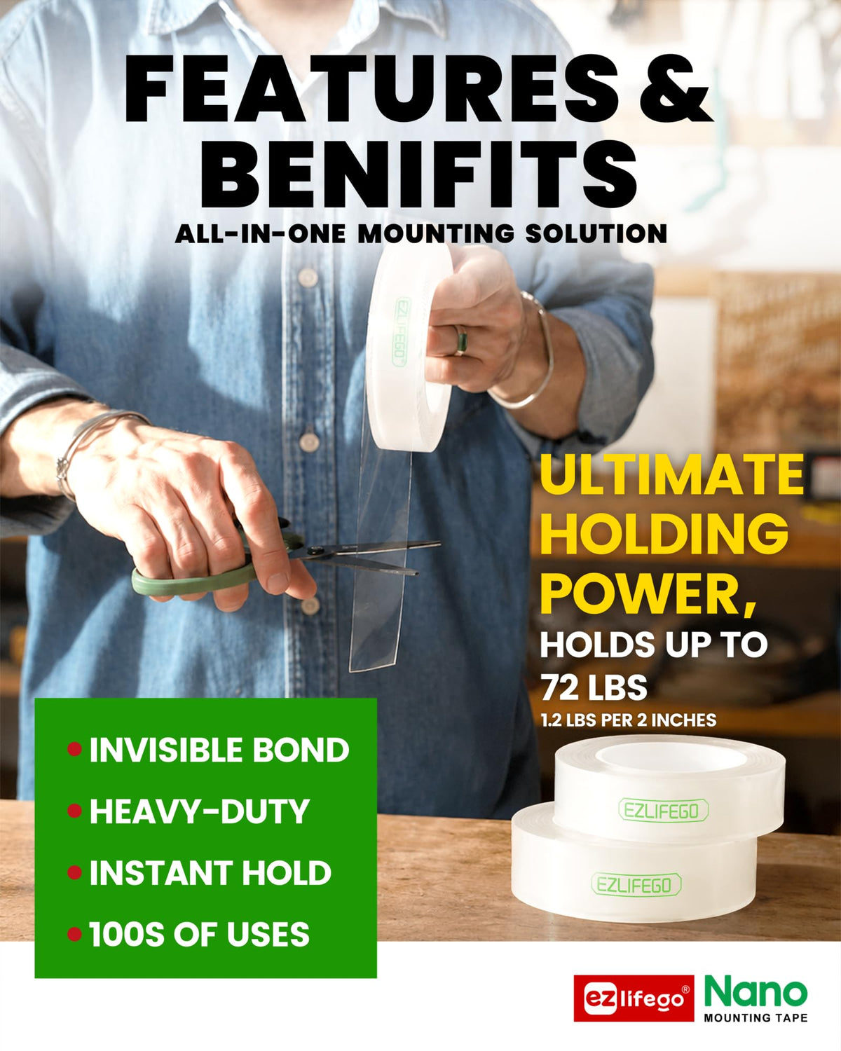 EZlifego Heavy Duty Invisible Bond Nano Double Sided Mounting Tape, 16.5FT 16.5 Feet