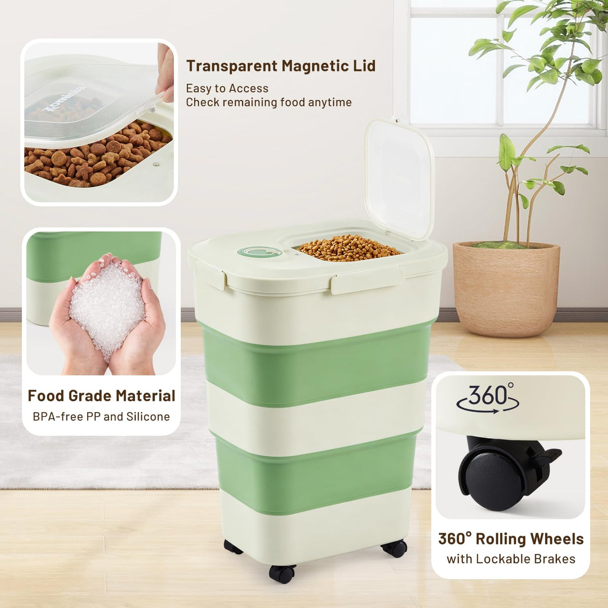 ZOMISIA 40-50lbs Collapsible Dog Food Storage Container with Wheels, Khaki