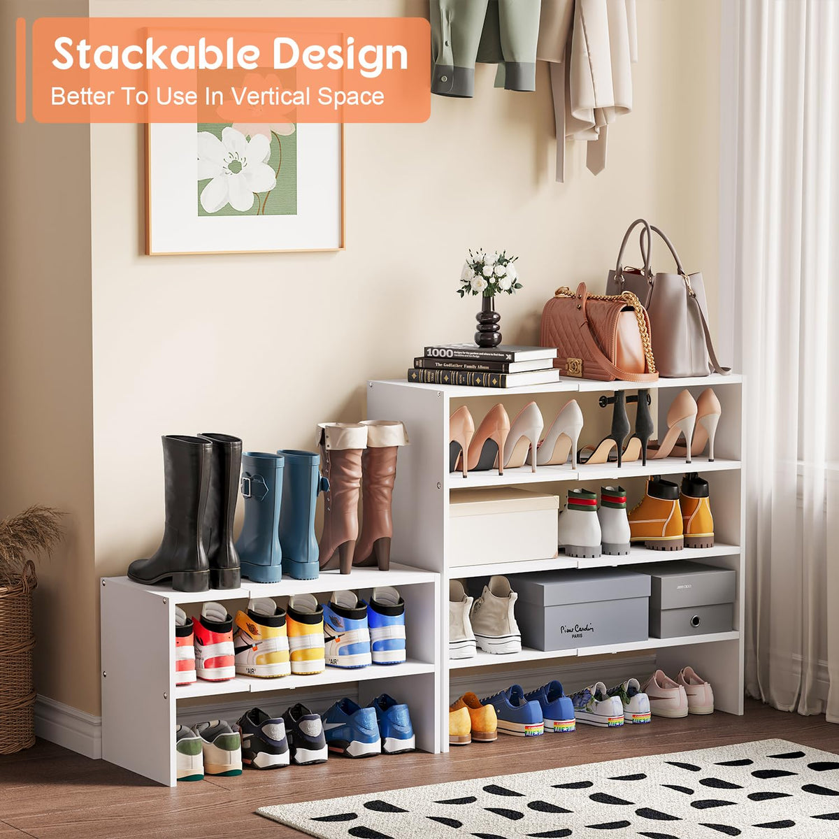 3-Tier Expandable White Shoe Rack Organizer for Closet, Stackable Shoe Racks Storage Shelf, Small Metal Wood Combination Shoe Shelves for Closets,Entryway,Front Door, Narrow Space,Hallway,8-16 Pairs 1 PACK(3-Tier）
