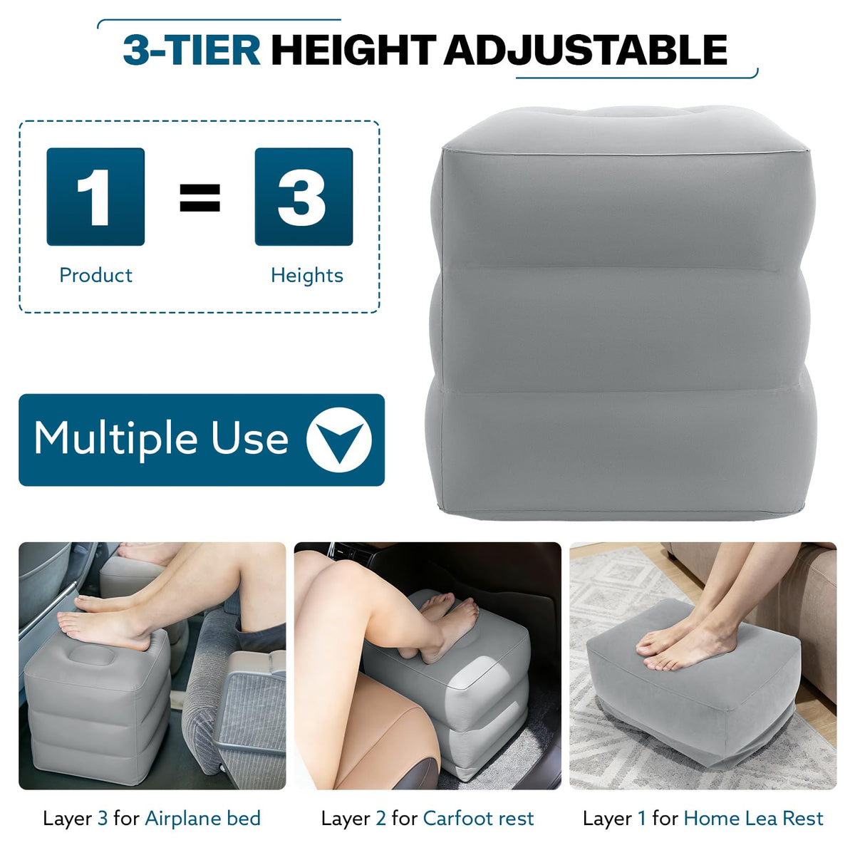 Inflatable Travel Foot Rest Pillow, Adjustable 3 Layers Height Leg Rest Pillow, Crushion Essentials for Airplane,Train, Cars, Office and Home (Gray)