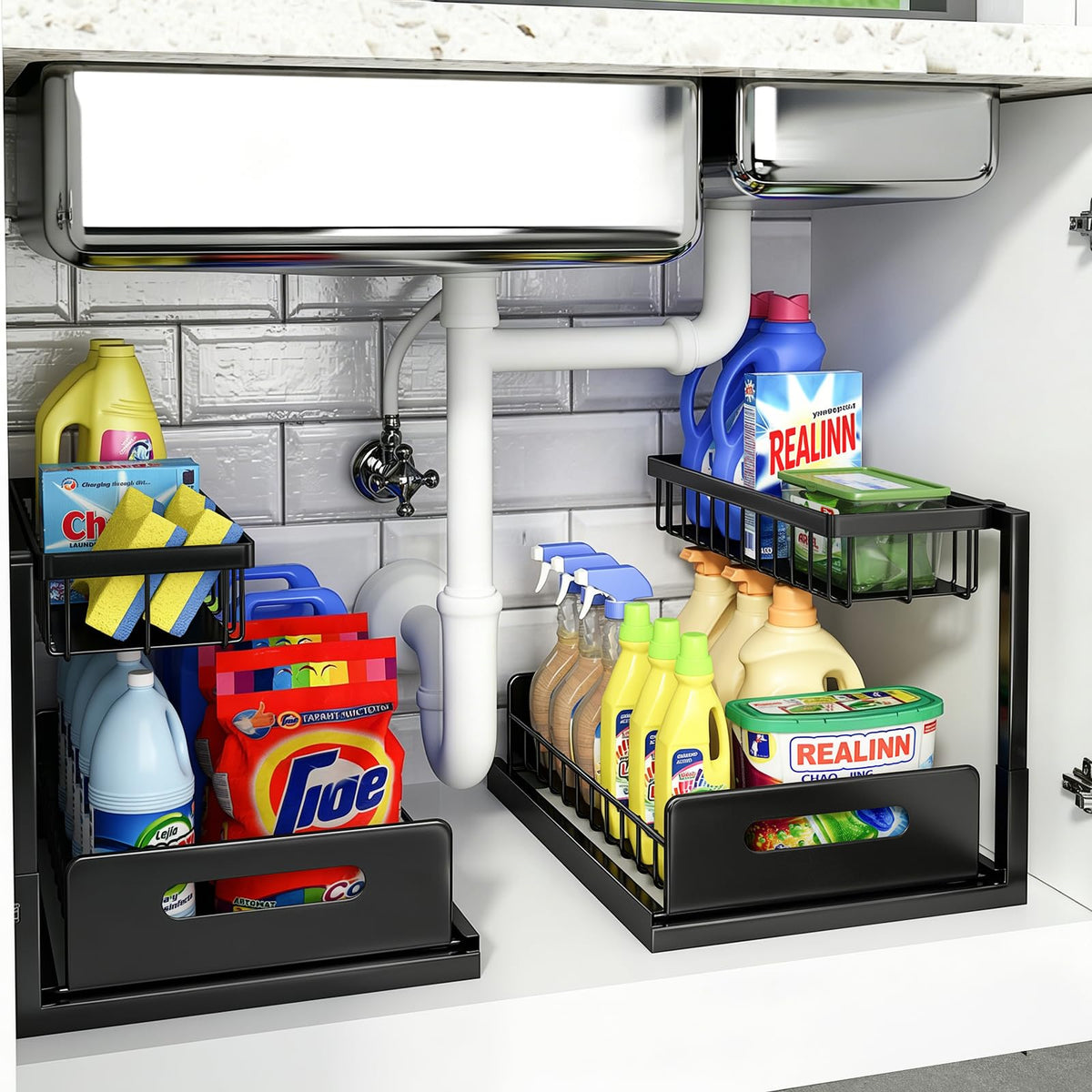 REALINN Under Sink Organizer, L-Shaped Pull Out Cabinet Kitchen