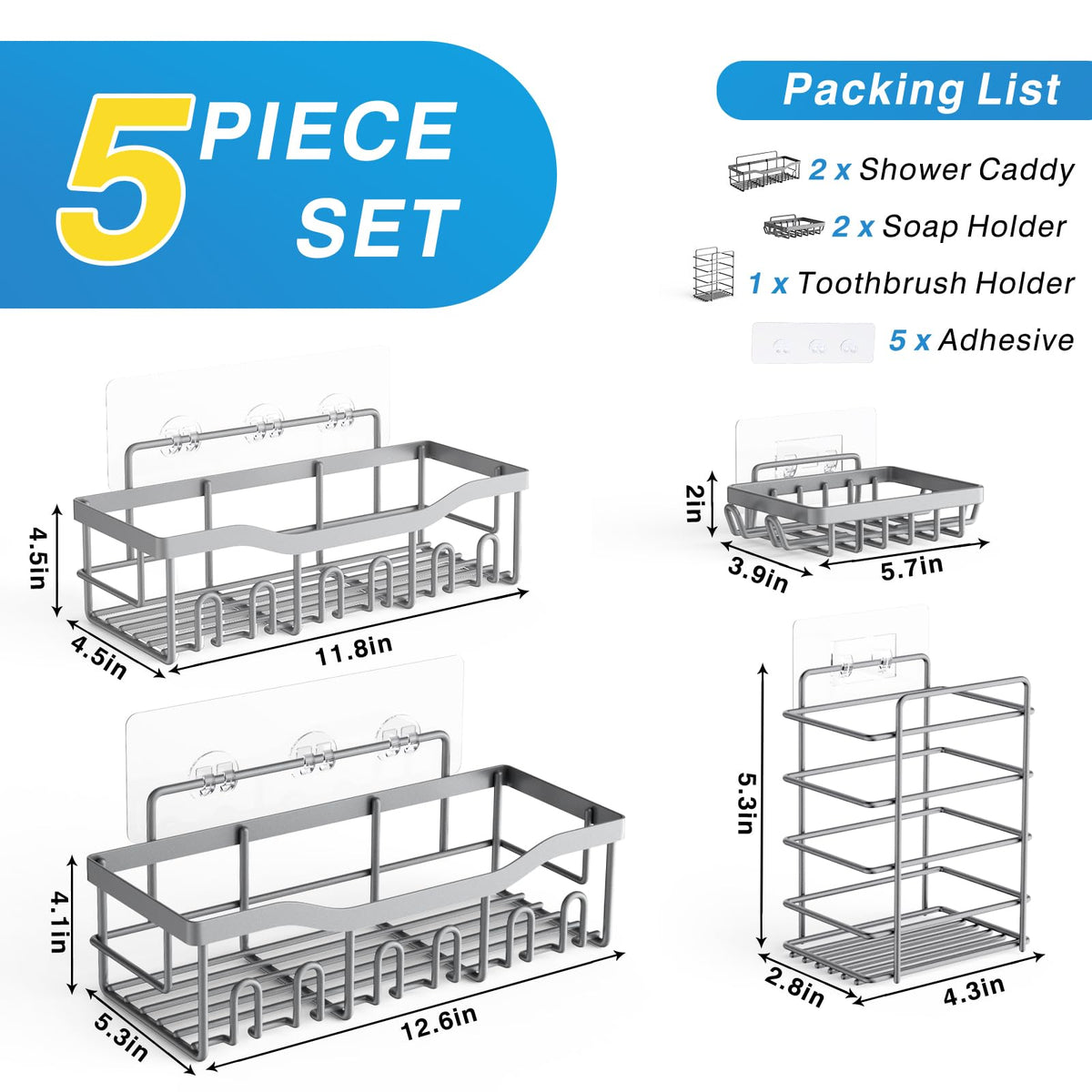 EUDELE Adhesive Shower Caddy, 5 Pack Rustproof Stainless Steel Bath Organizers With Large Capacity, No Drilling Shelves for Bathroom Storage & Home Decor Black