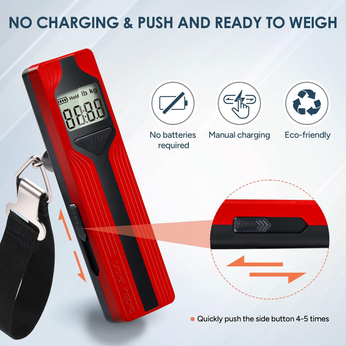 Battery-Free Luggage Scale – No Batteries Needed, Portable Digital Hanging Suitcase Weight Scale for Air Travel & Checked Bags, 110lb/50kg, LCD Display, Compact Travel Accessory Red-Large Handle