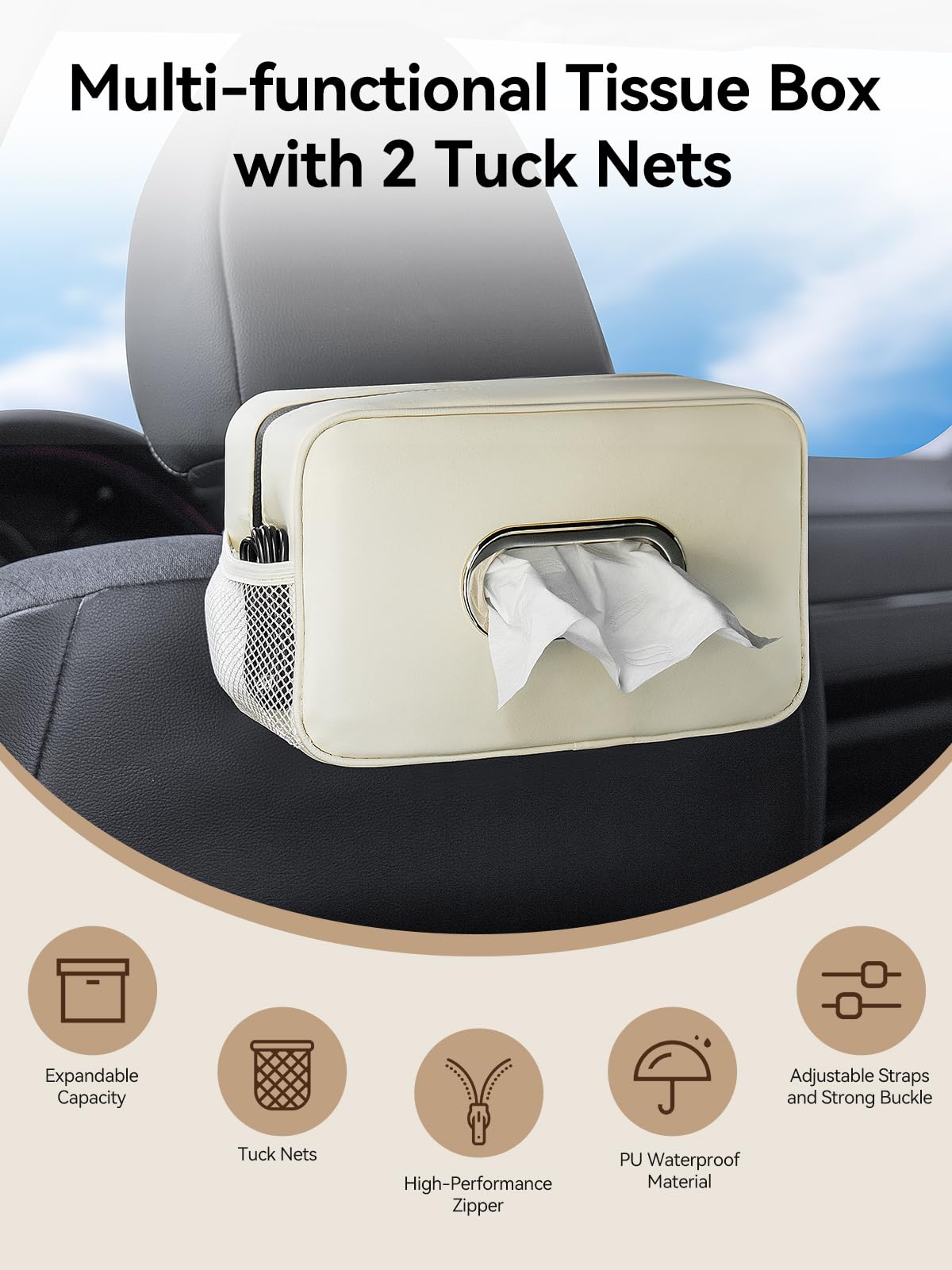 Multi-Functional Car Tissue Holder with ‌2 Storage Nets, Tissue Box Cover Black