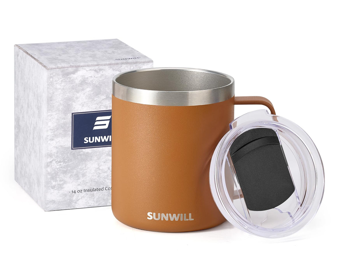 SUNWILL Insulated Coffee Mug, Stainless Steel 14 oz, Splash-Proof Lid Powder Coated Navy Blue 14 Ounces