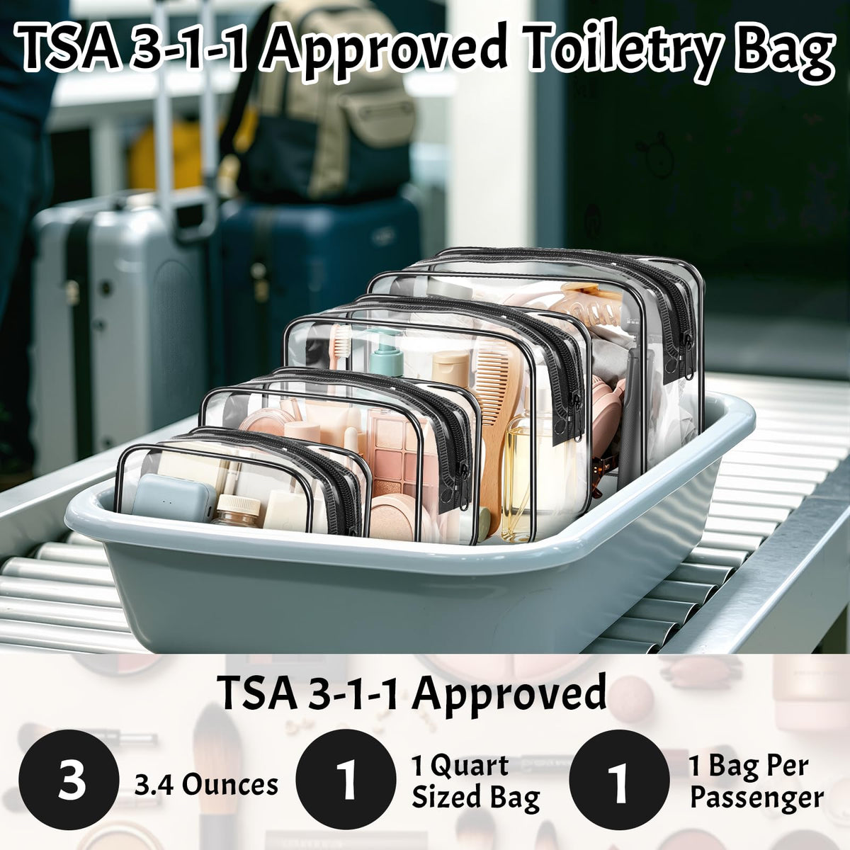 4 Pieces Clear Cosmetic Bags Bulk TSA Approved Toiletry Bag for Travel PVC Waterproof Clear Makeup Pouch with Zipper for Men and Women Carry-on Travel Essentials 4pcs SML Black