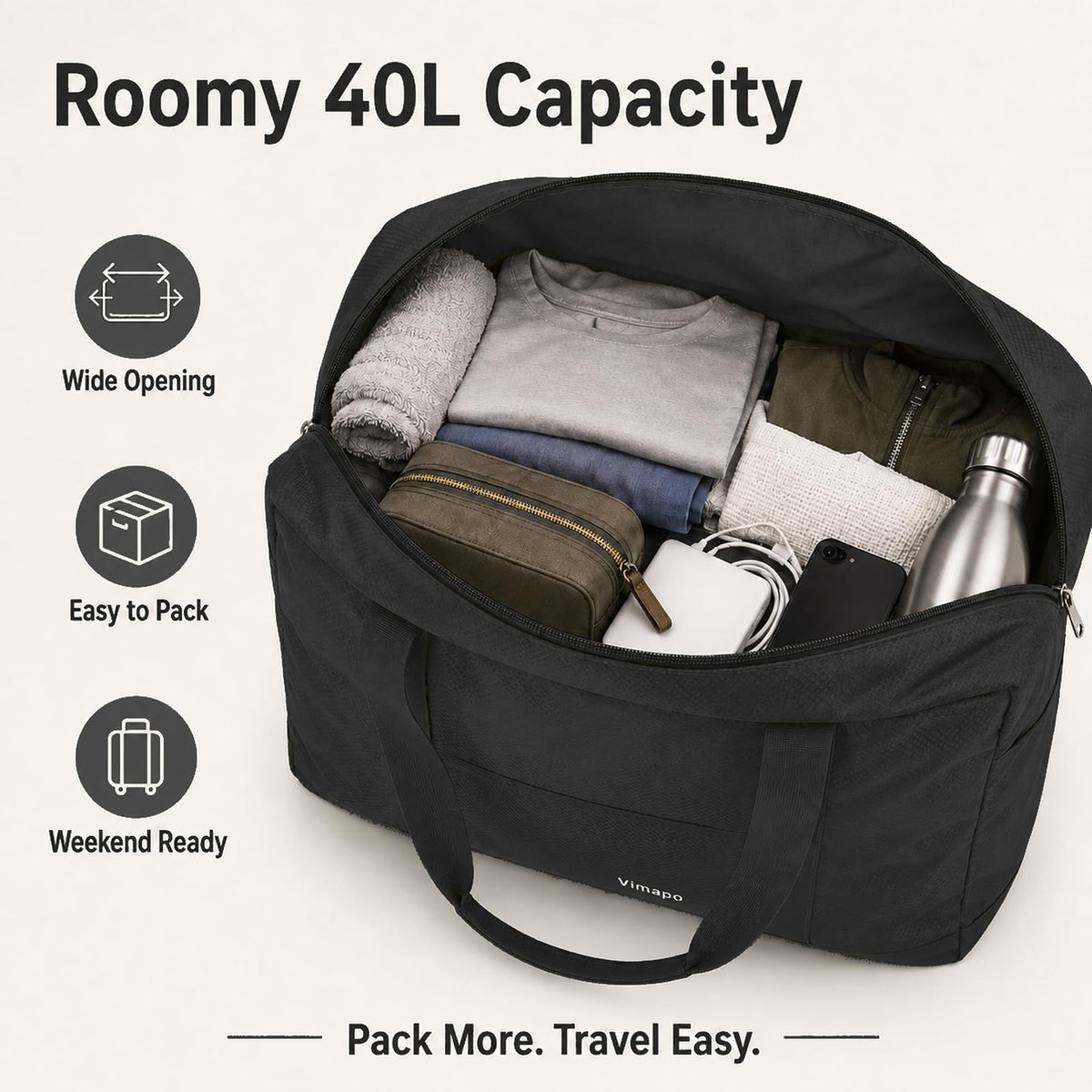 Foldable Travel Duffle Bag with Trolley Sleeve 40L Travel Bag Black