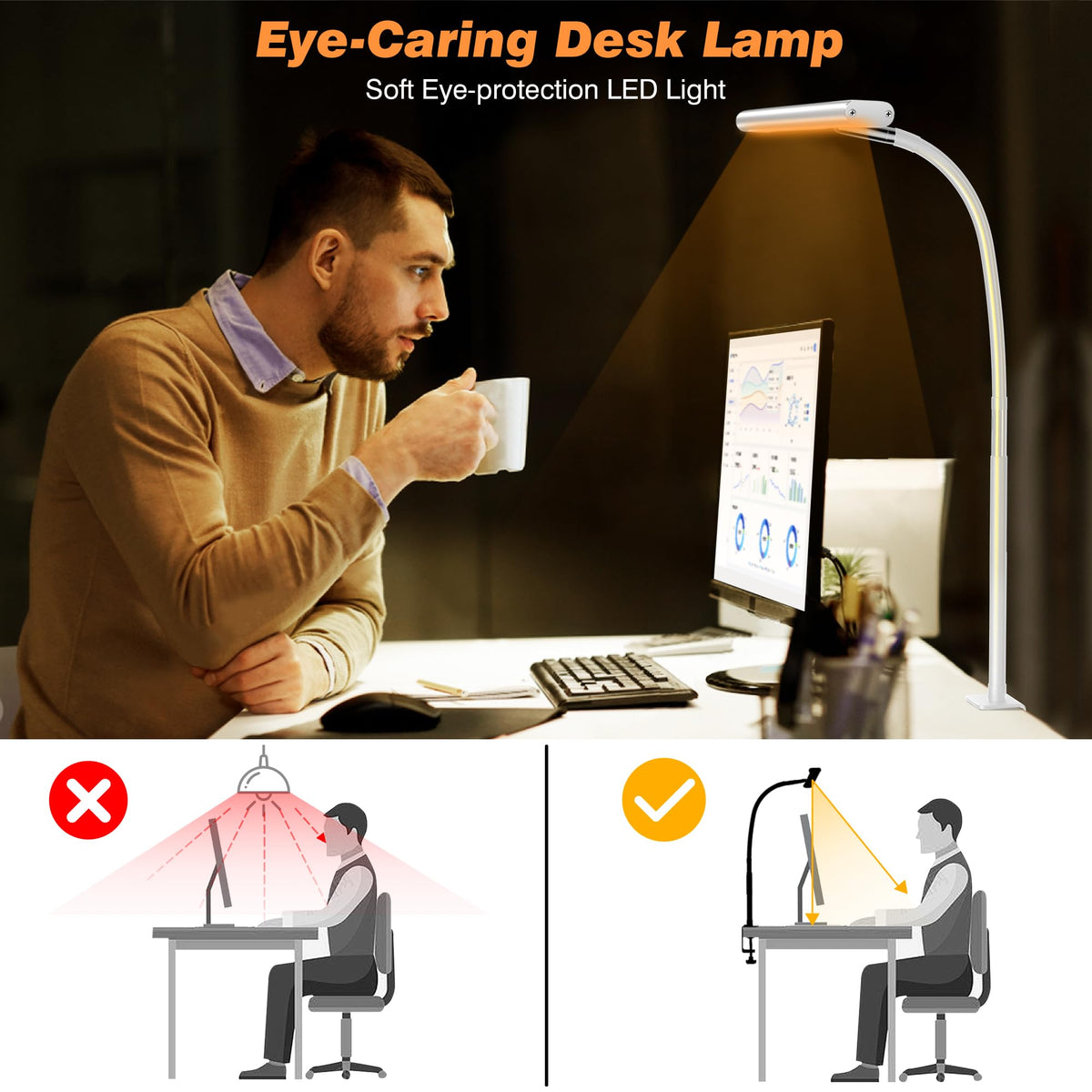Airlonv LED Desk Lamp with Clamp, 17" Stepless Dimming Light, Black Standard