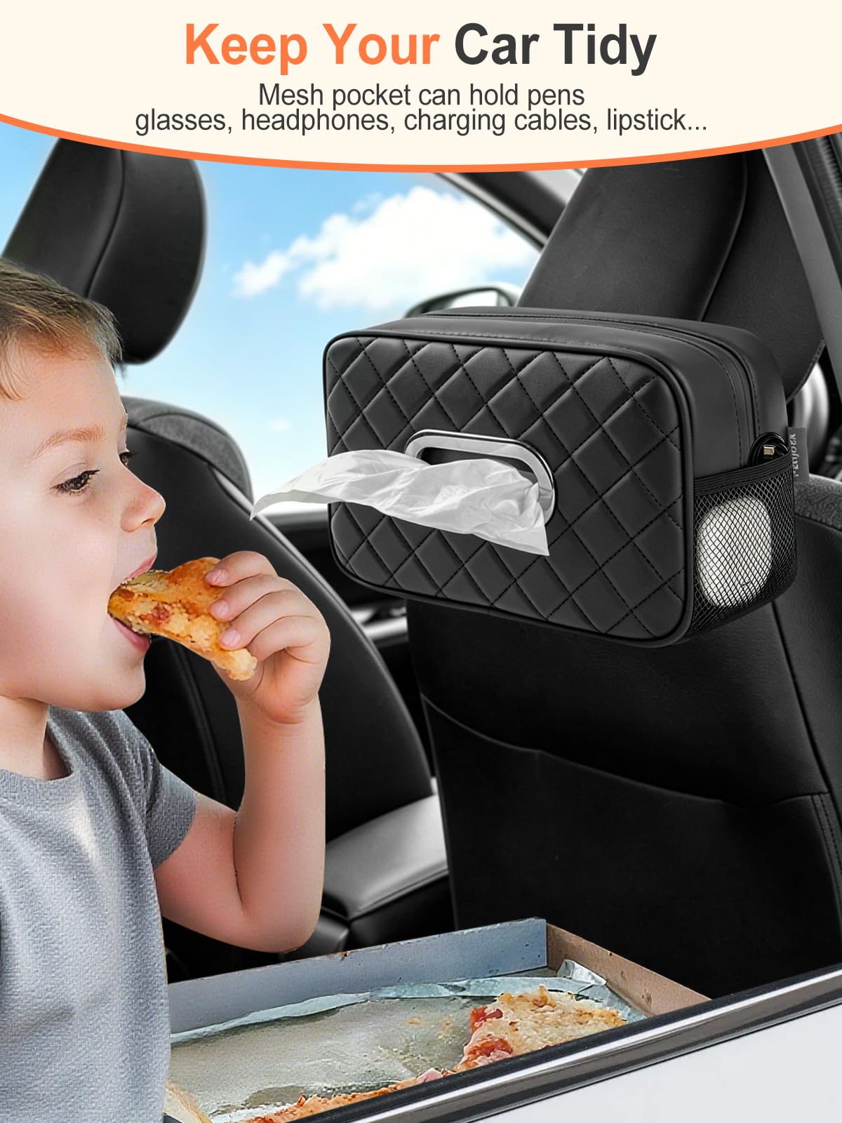 Multi-Functional Car Tissue Holder with ‌2 Storage Nets, Tissue Box Cover Black