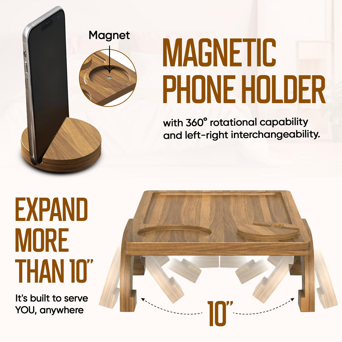 Acacia Wood Sofa Arm Tray - 3-in-1 Couch Arm Table with Phone Holder, Cup Holder & Foldable Tray - Armrest Clip-On Design for Couch with 360° Rotated Phone Holder