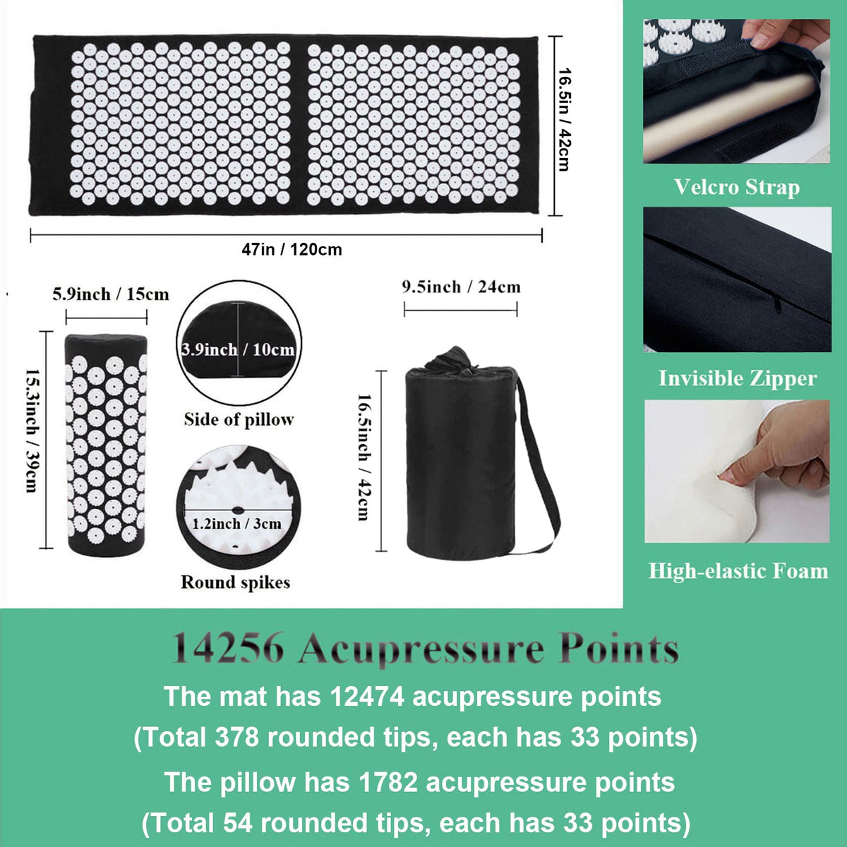 Acupressure Mat and Pillow Set with Carry Bag