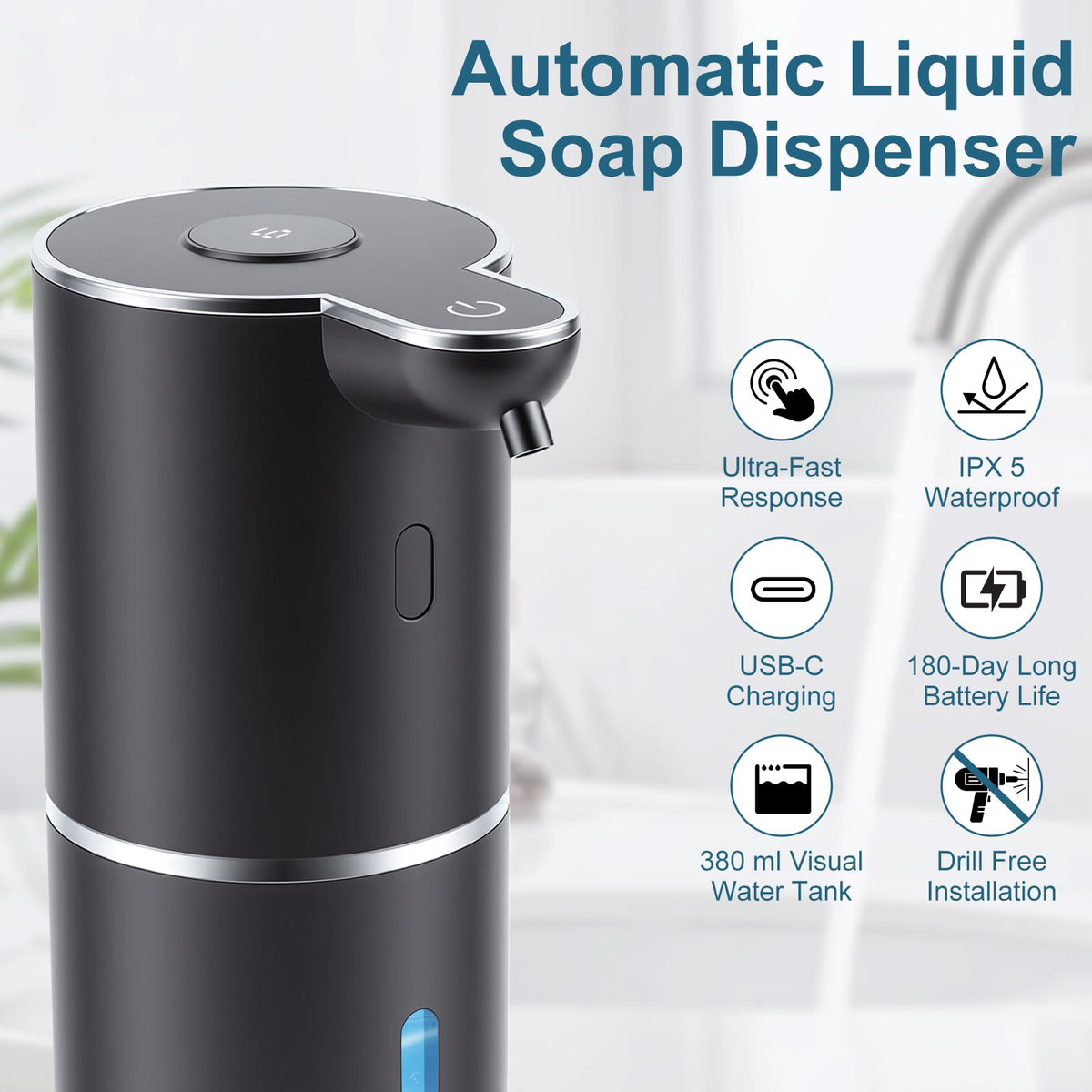 Automatic Soap Dispenser, Hand Soap Dispenser 12.8oz/380ml Smart Rechargeable, Liquid Touchless Soap Dispensers with 6-Level, Wall Mounted or Countertop Dish Soap Dispensing for Bathroom & Kitchen Black