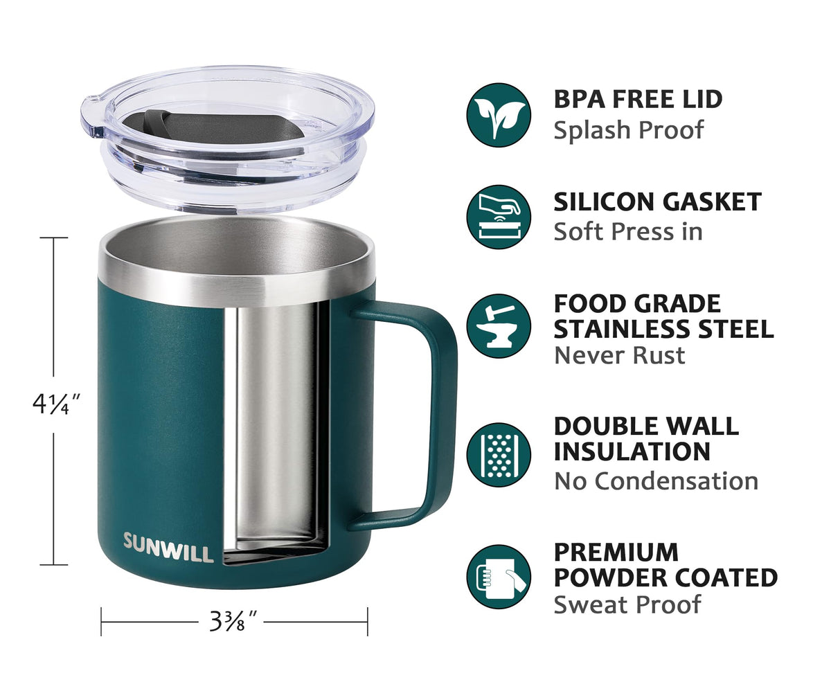 SUNWILL Insulated Coffee Mug, Stainless Steel 14 oz, Splash-Proof Lid Powder Coated Navy Blue 14 Ounces