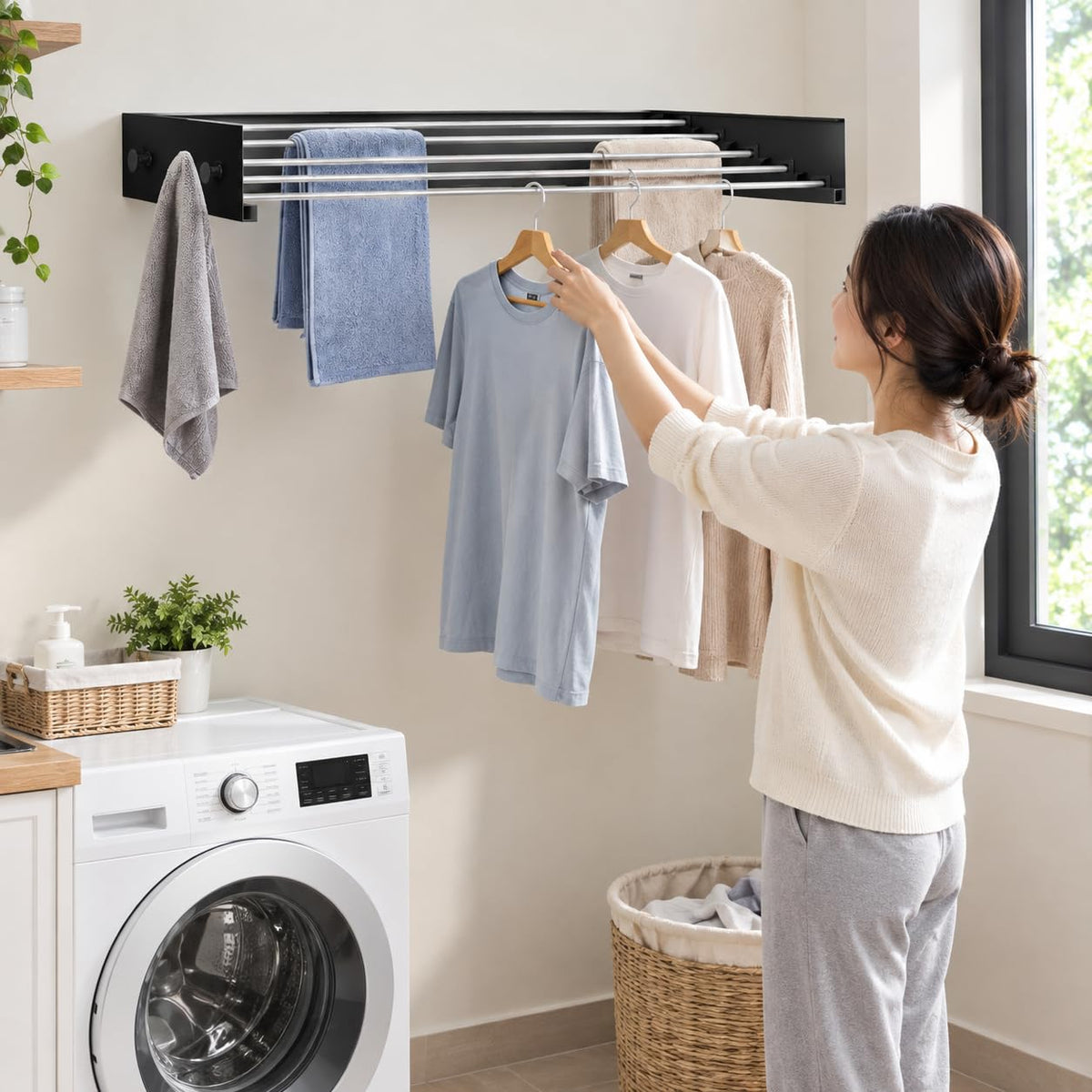 Wall Mounted Clothes Drying Rack - 31.5" Foldable Clothes Drying Rack Wall Mount, 5 Steel Rods With Knobs, Retractable Space-Saving Laundry Rack, Heavy Duty 60 lbs Capacity (Wall Template Included)
