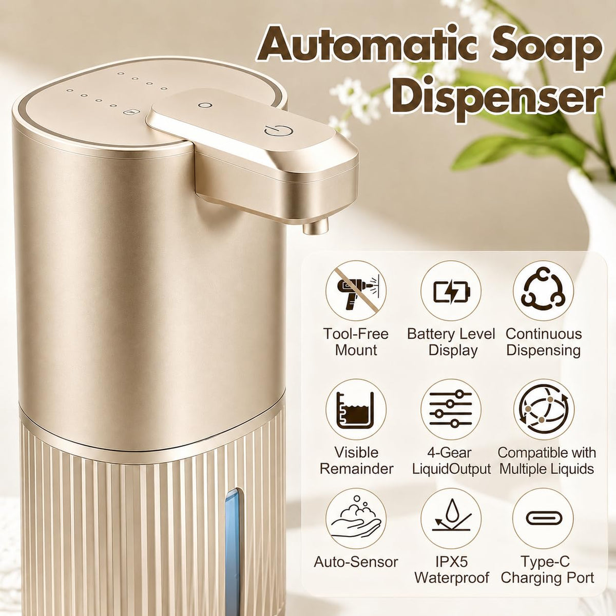 Automatic Soap Dispenser, Foaming Soap Dispenser Touchless with Continuous Dispensing, 4-Level Adjustable, Rechargeable Hand Soap Dispensers, Wall Mounted or Countertop for Bathroom & Kitchen Gold