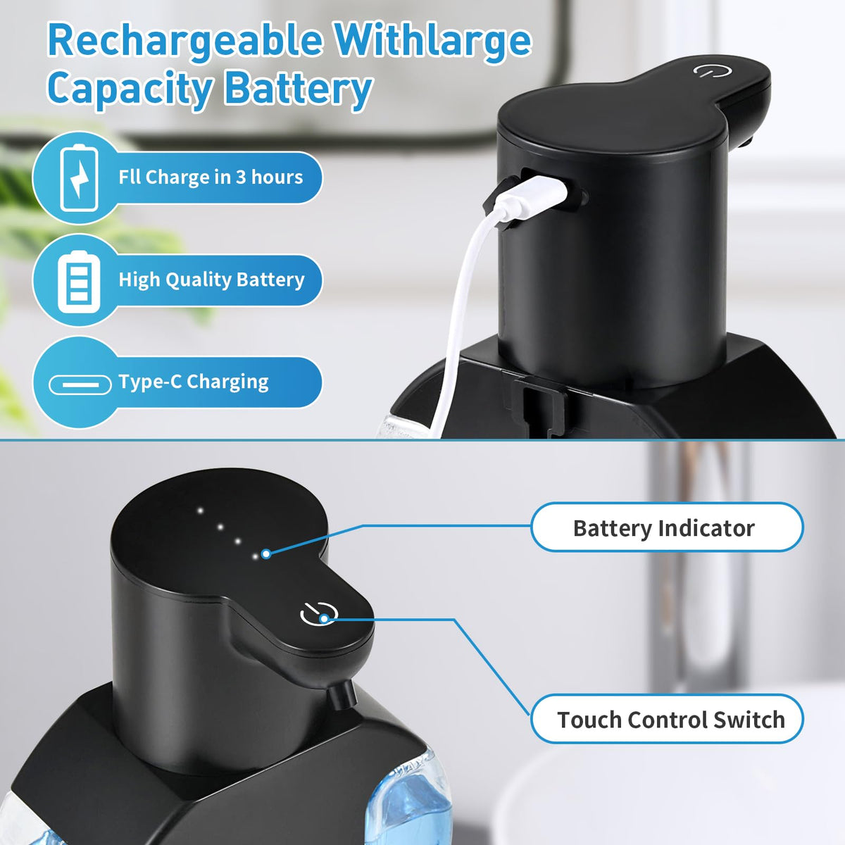 Automatic Foaming Soap Dispenser, 15oz/420ml Smart Hand Soap Dispensers, Touchless Wall Mount with 4-Level Adjustable, Rechargeable Foaming Hand Soap Dispenser for Bathroom Kitchen Office Black 1