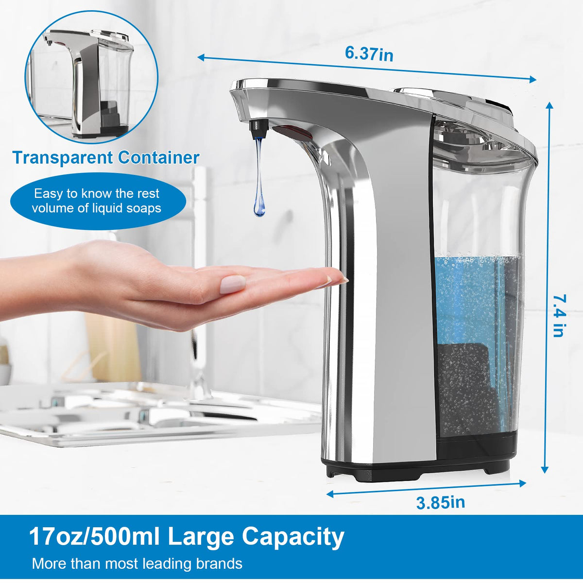Automatic Soap Dispenser, 17oz Touchless Liquid Dish Soap Dispenser Kitchen Silver