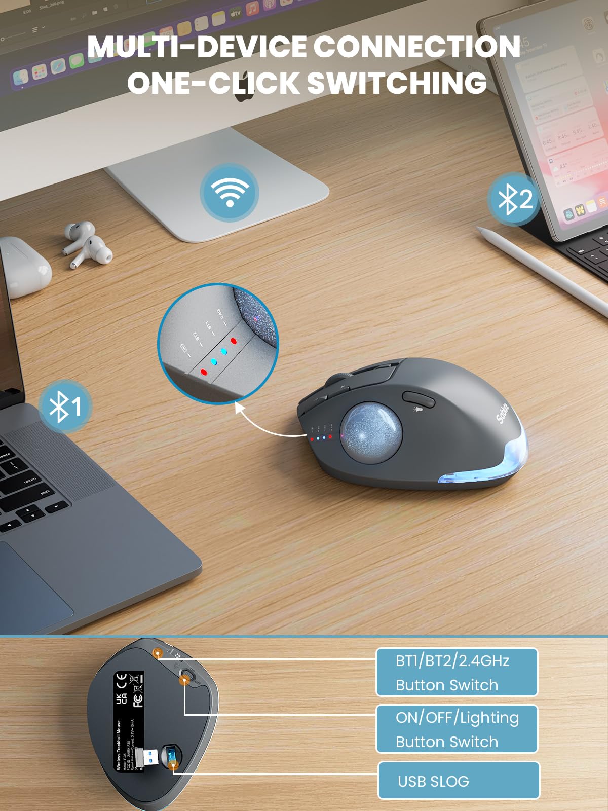 Ergonomic Wireless Trackball Mouse, Rechargeable Adjustable 0°/18° Angle Gray ball