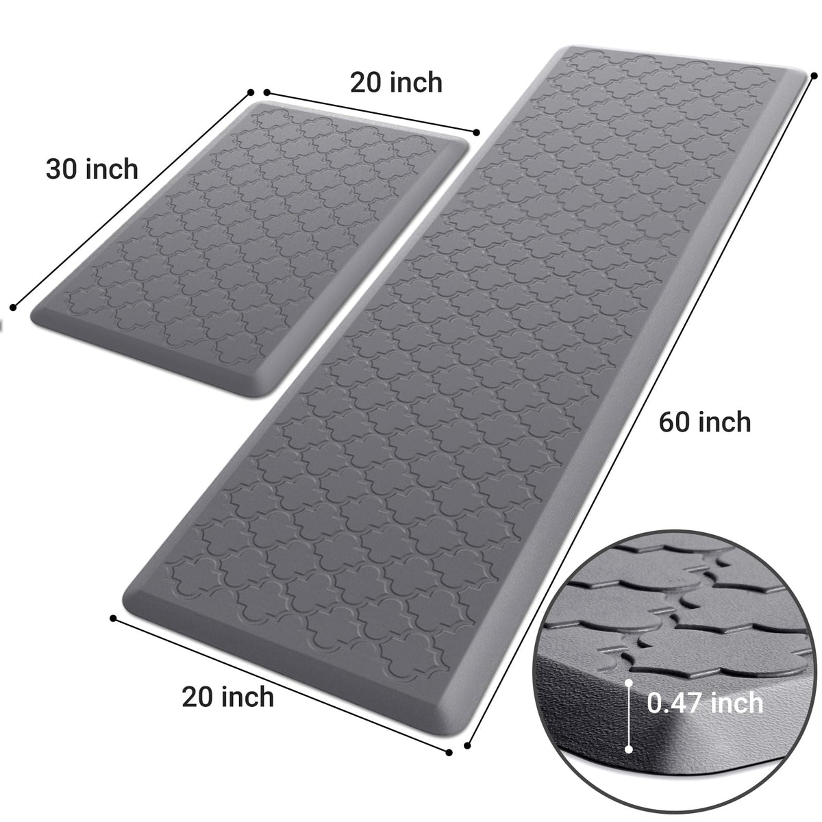 Kitchen Mat 2 PCS Cushioned Anti-Fatigue Floor Mat Standing Mat for Kitchen Stylish Grey 17.3"x29"+17.3"x47"