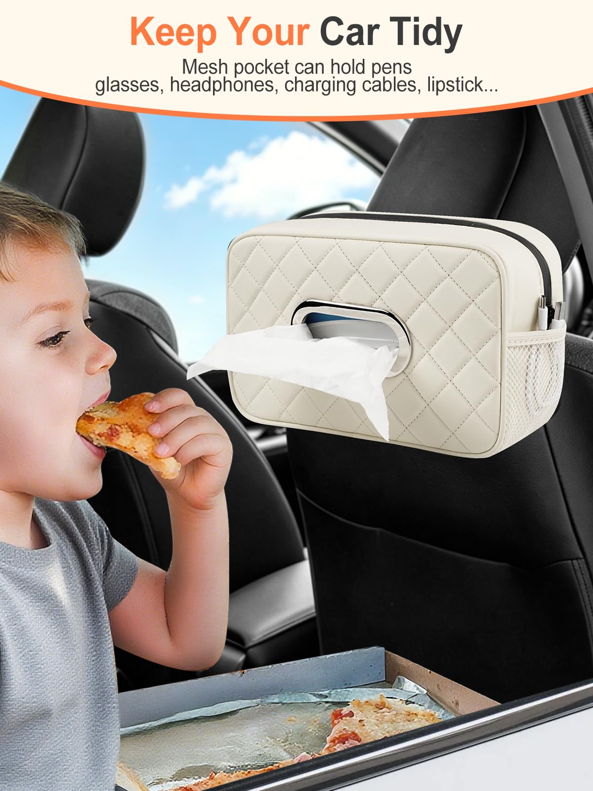 2PCS Multi-Functional Car Tissue Holder with ‌2 Tuck Nets, Tissue Box Cover 2pack Deep Black