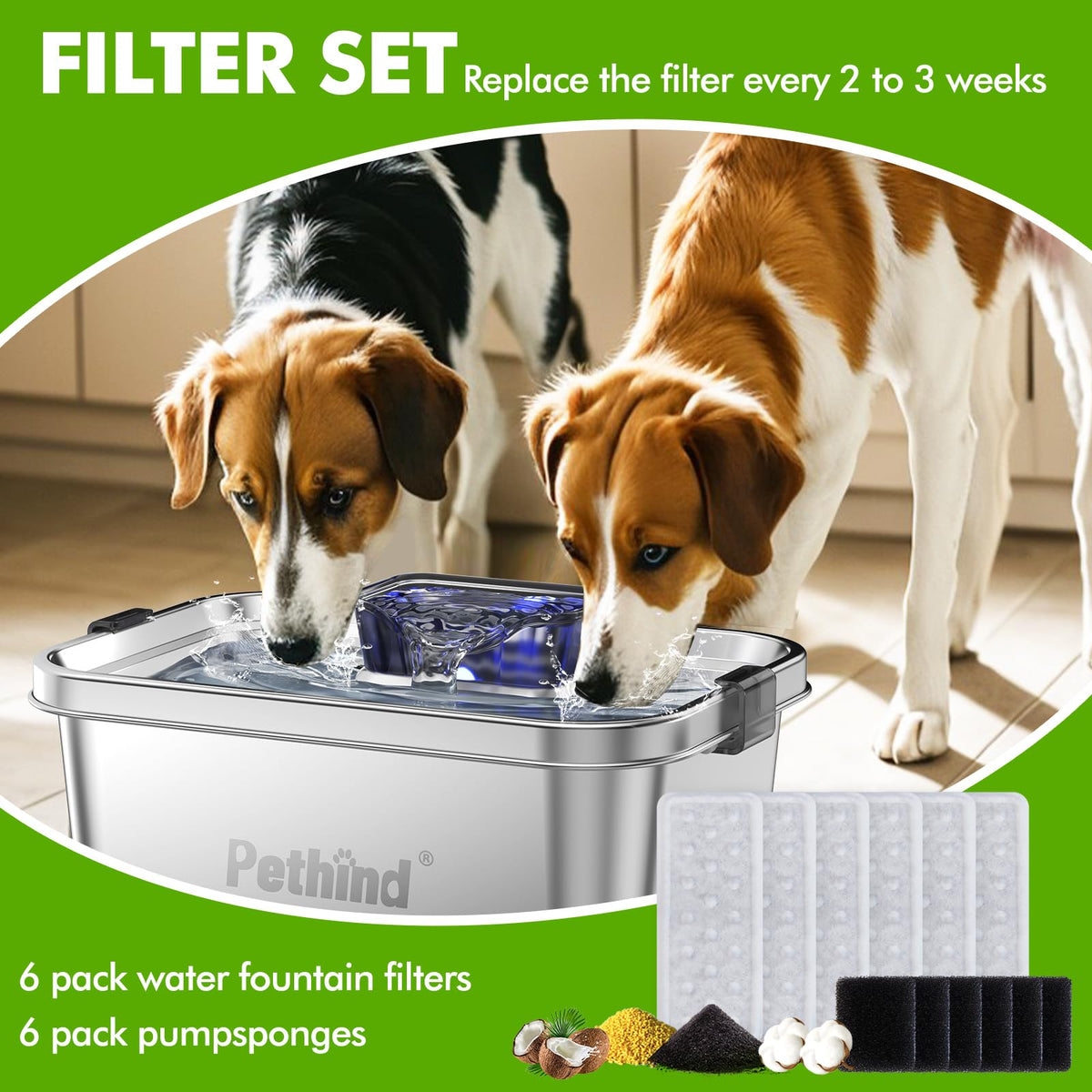 Dog Water Fountain 2 Gal, Stainless Steel Dog Water Fountain for Large Dogs Multi-Cats, Pet Water Fountain with Big Window, Super-Quiet Pump, Indoor Automatic Dog Water Bowl Dispenser Fountain Filters Dog fountain with filter