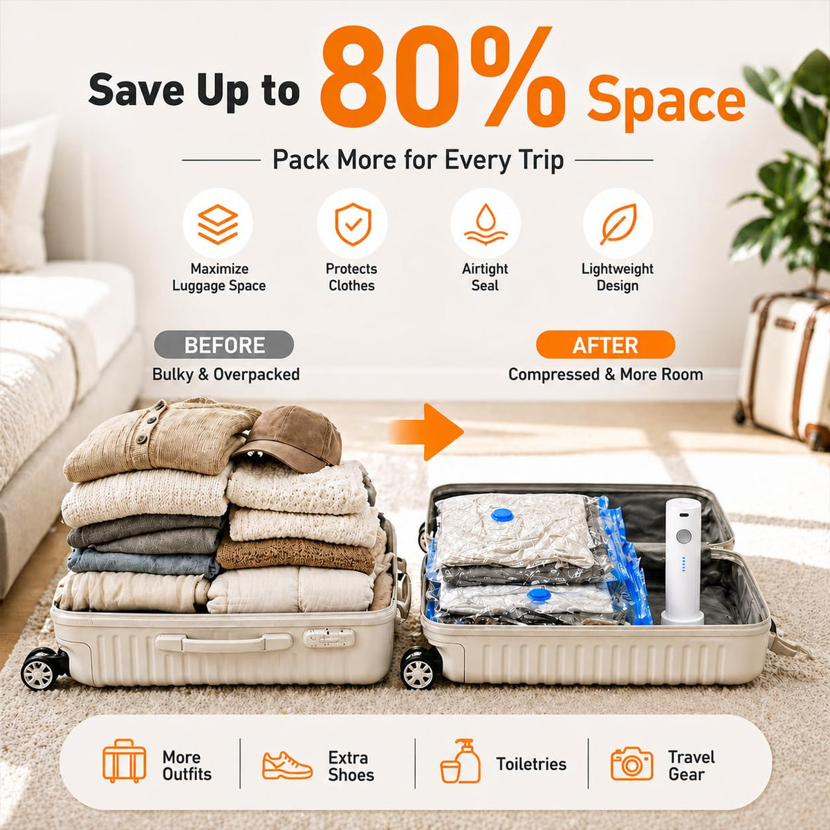 12 Pack Vacuum Bags for Travel with Rechargeable Pump, Save Luggage Space Clear 12 Combo