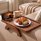 Acacia Wood Sofa Arm Tray - 3-in-1 Couch Arm Table with Phone Holder, Cup Holder & Foldable Tray - Armrest Clip-On Design for Couch with 360° Rotated Phone Holder