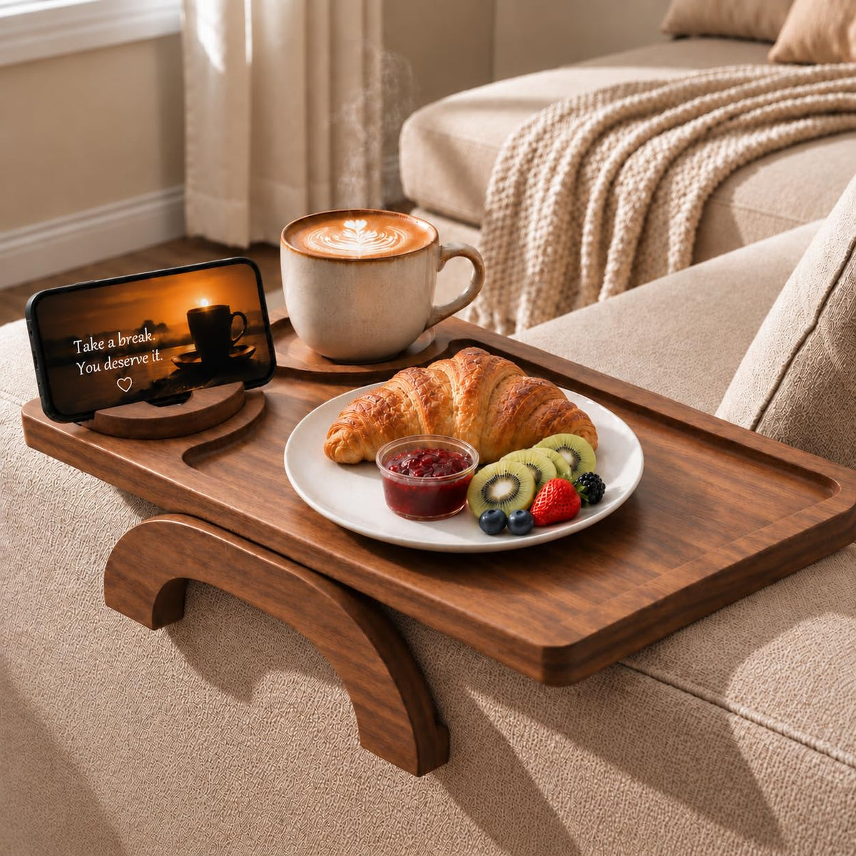 Acacia Wood Sofa Arm Tray - 3-in-1 Couch Arm Table with Phone Holder, Cup Holder & Foldable Tray - Armrest Clip-On Design for Couch with 360° Rotated Phone Holder
