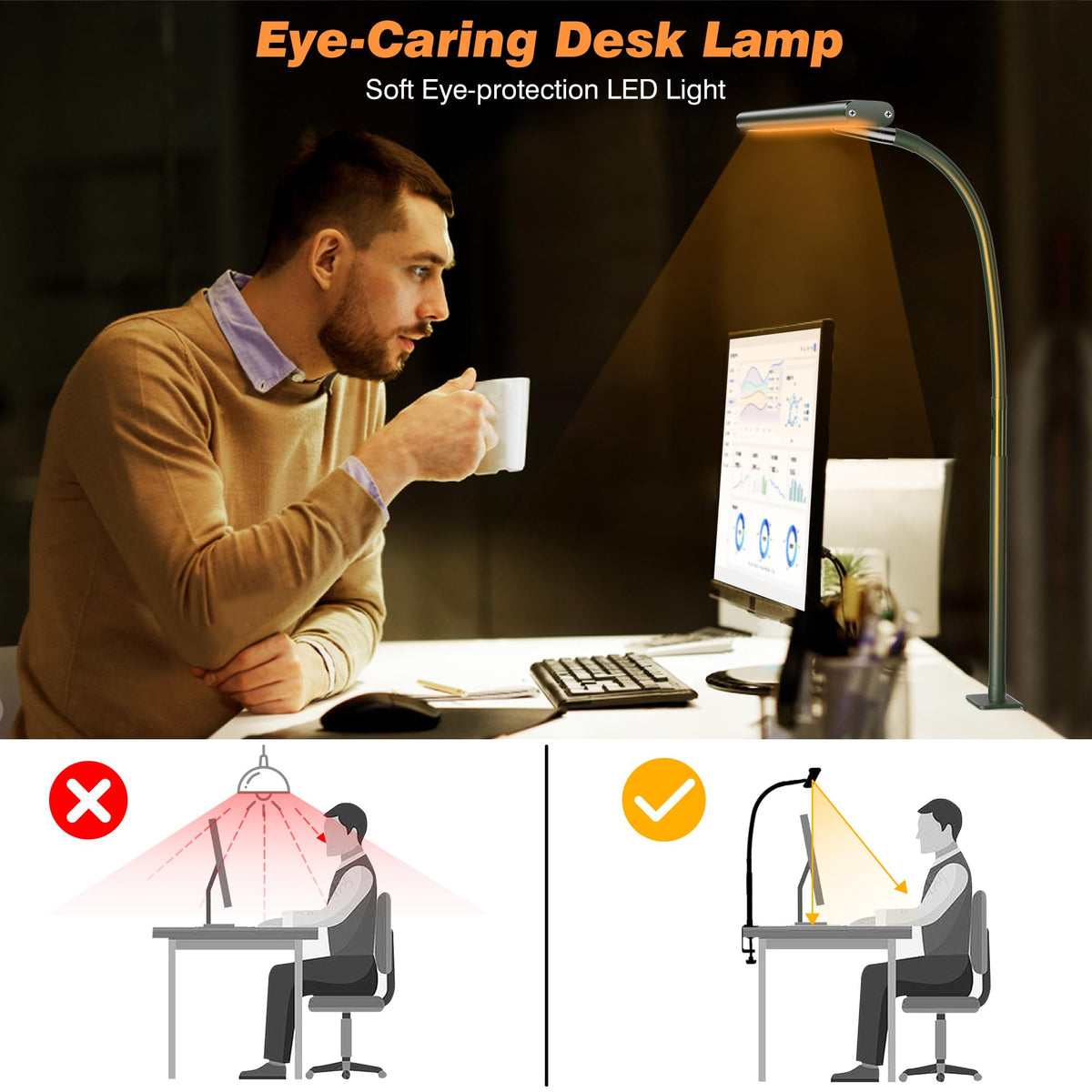 Airlonv LED Desk Lamp with Clamp, 17" Stepless Dimming Light, Black Standard