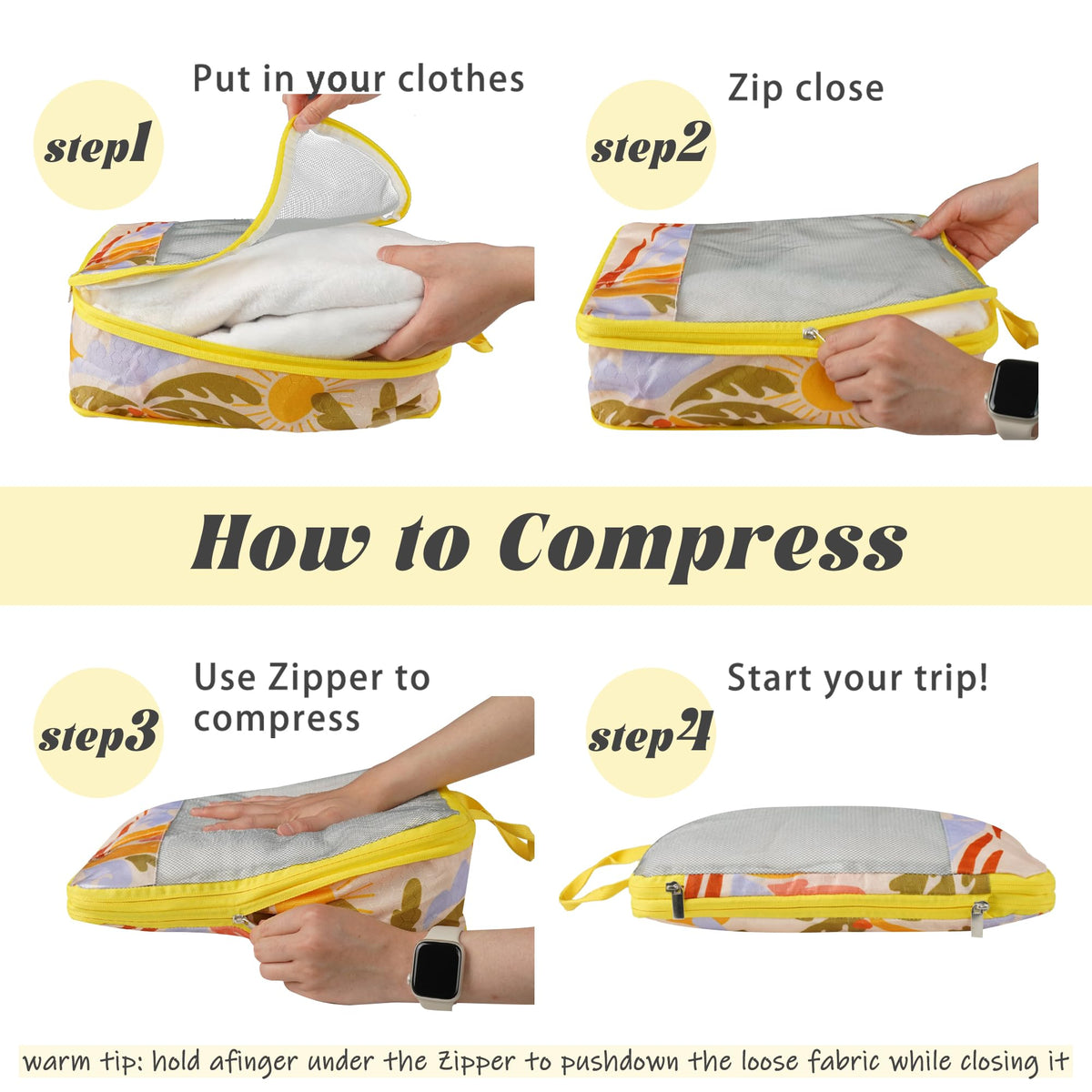7 Pcs Compression Packing Cubes Travel for Suitcases, Luggage Organizer Washable Storage Bags Set for Backpack Travel- Packaging Cubes for Carry-Ons and Storage yellow orange