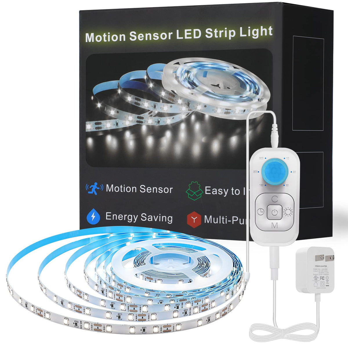 Motion Sensor Led Light Strip - Under Cabinet Lighting with Power Adapter Cold White 16.4ft