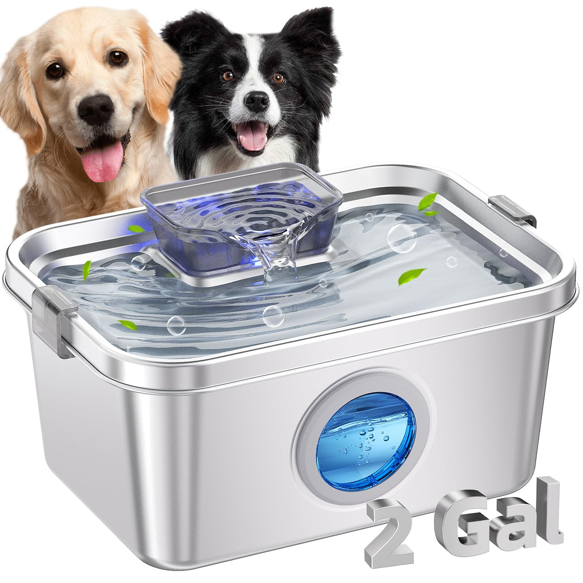 Dog Water Fountain 2 Gal, Stainless Steel Dog Water Fountain for Large Dogs Multi-Cats, Pet Water Fountain with Big Window, Super-Quiet Pump, Indoor Automatic Dog Water Bowl Dispenser Fountain Filters Dog fountain with filter