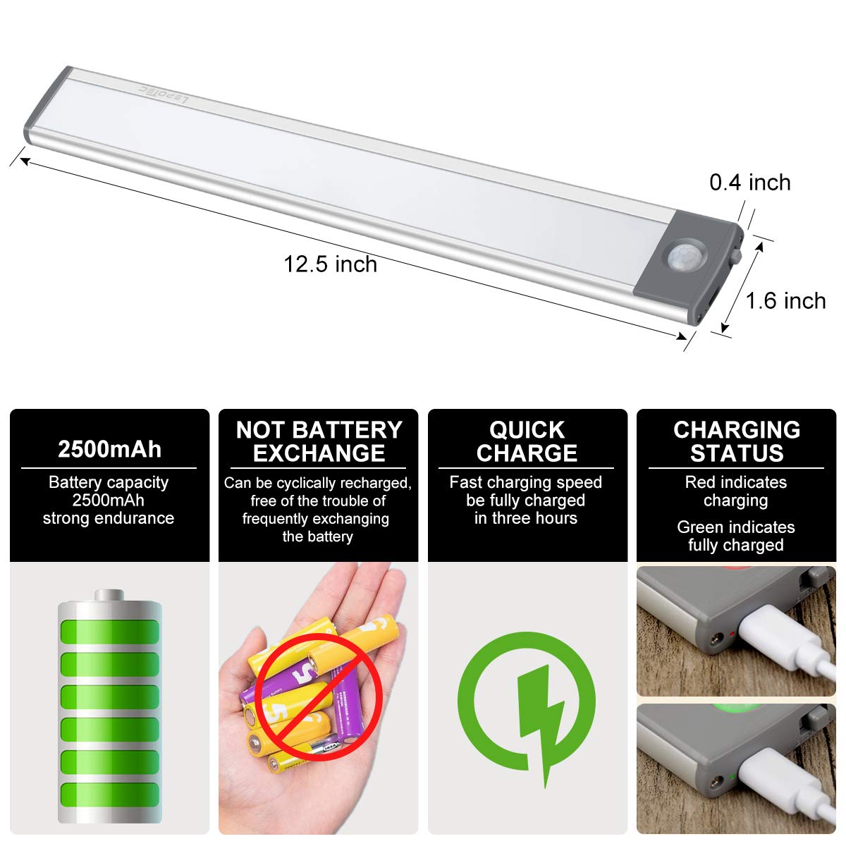 LED Motion Sensor Light,Under Counter Lighting, Wireless USB Rechargeable Kitchen Night Lights,Battery Powered Operated Light,54-LED Light for Wardrobe,Closets,Cabinet,Cupboard, 2 Count (Pack of 1) Silver-white Light 54 LED