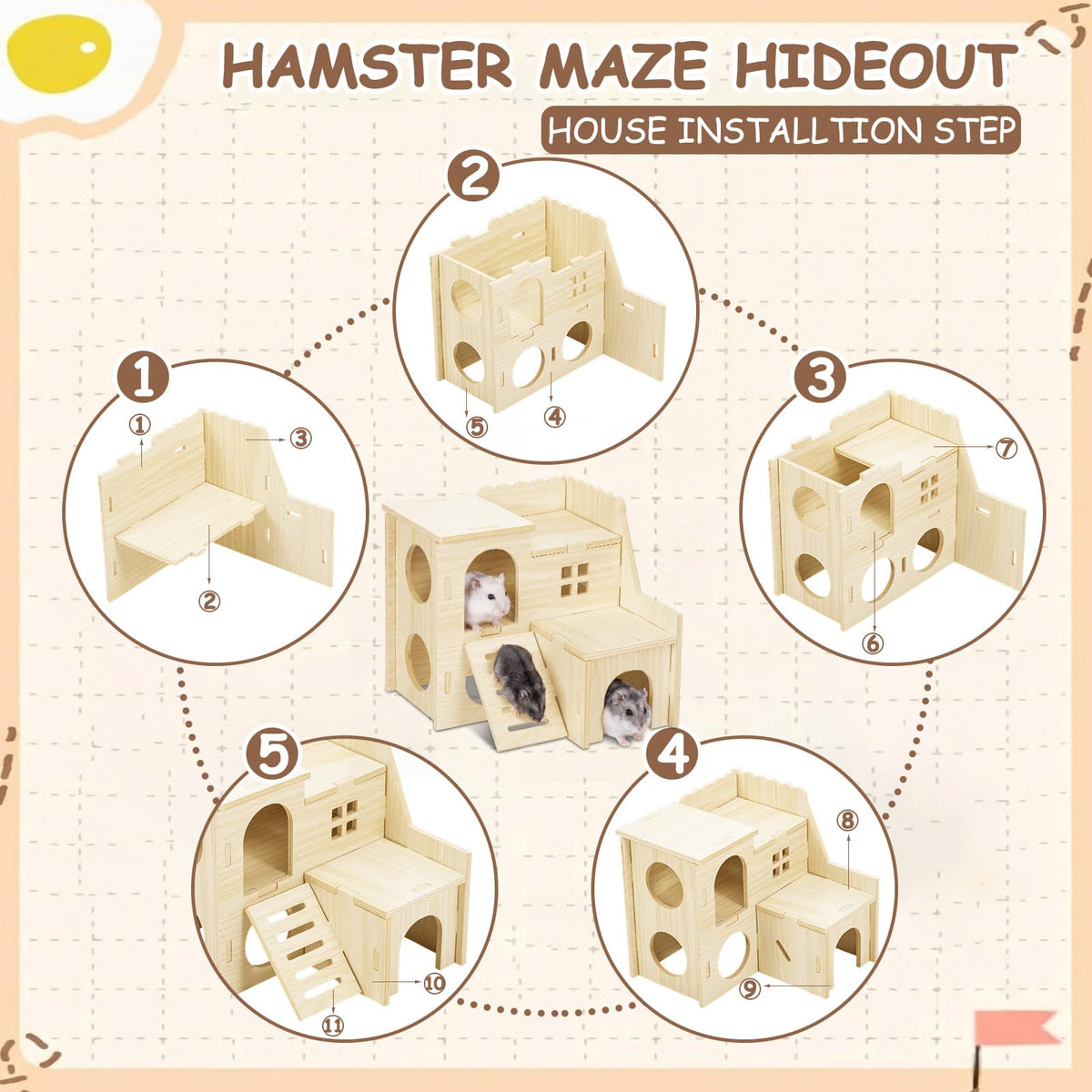 BreezeHug 6 Pcs Wooden Hamster Cage Accessories, Hamster Tunnels, Stylish