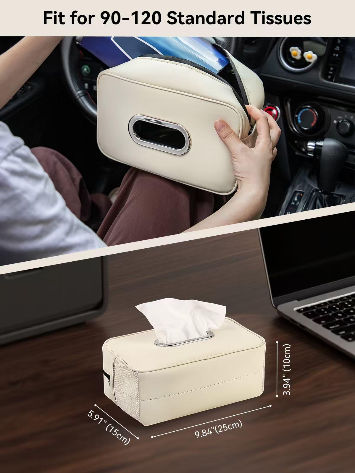 Multi-Functional Car Tissue Holder with ‌2 Storage Nets, Tissue Box Cover Black