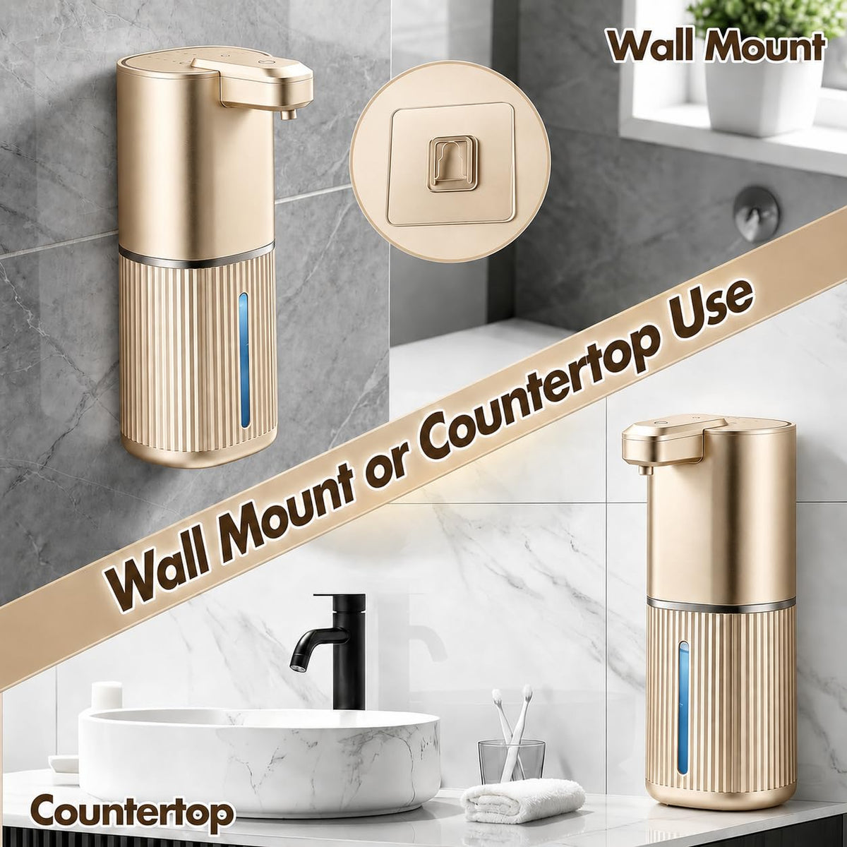 Automatic Soap Dispenser, Foaming Soap Dispenser Touchless with Continuous Dispensing, 4-Level Adjustable, Rechargeable Hand Soap Dispensers, Wall Mounted or Countertop for Bathroom & Kitchen Gold