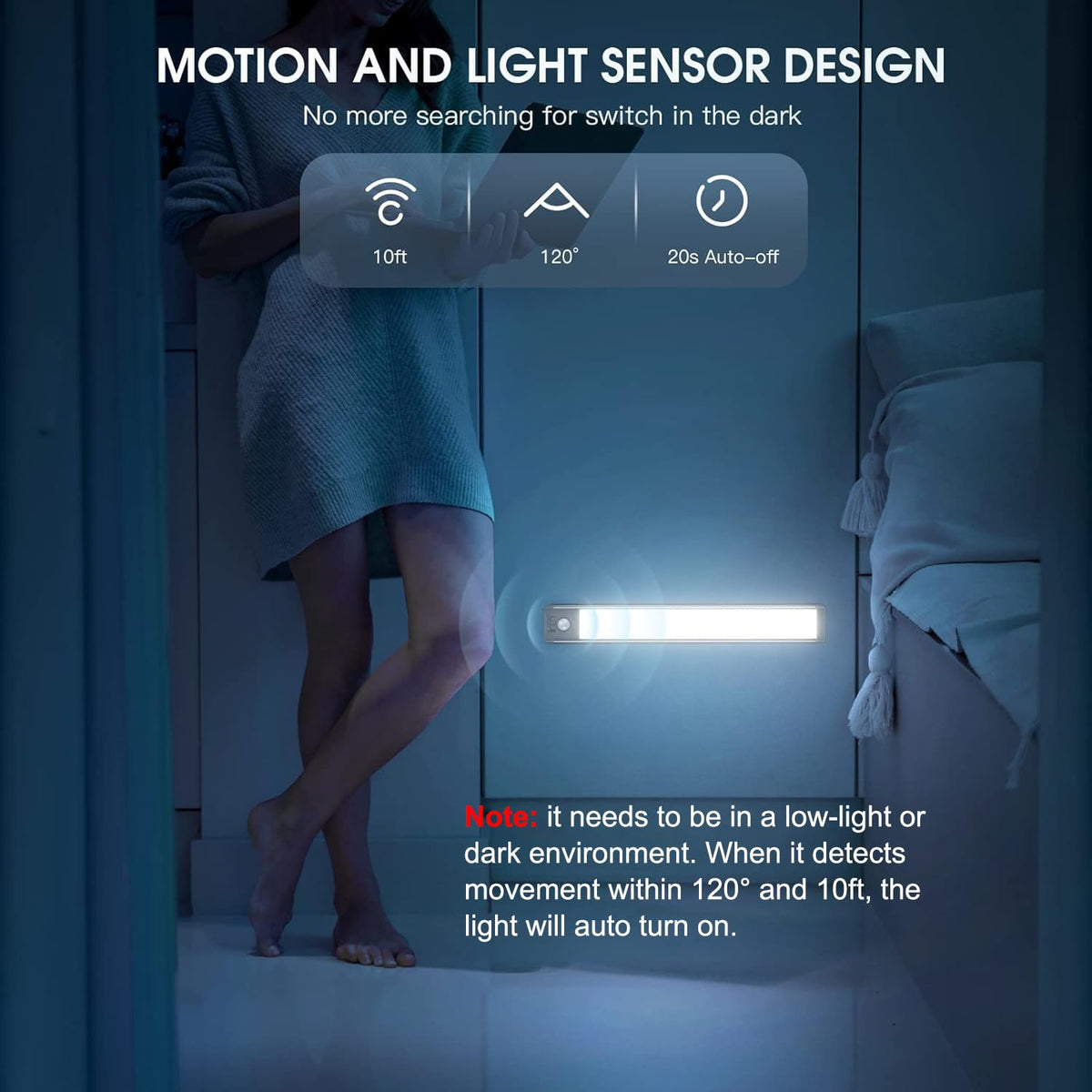 MCGOR 10inch Under Cabinet Lighting, 2 Pack Rechargeable Motion Sensor Light Indoor, 5 Levels Dimmable Magnetic Closet Lights, Wireless Under Counter Lights for Kitchen, Stairs White Light