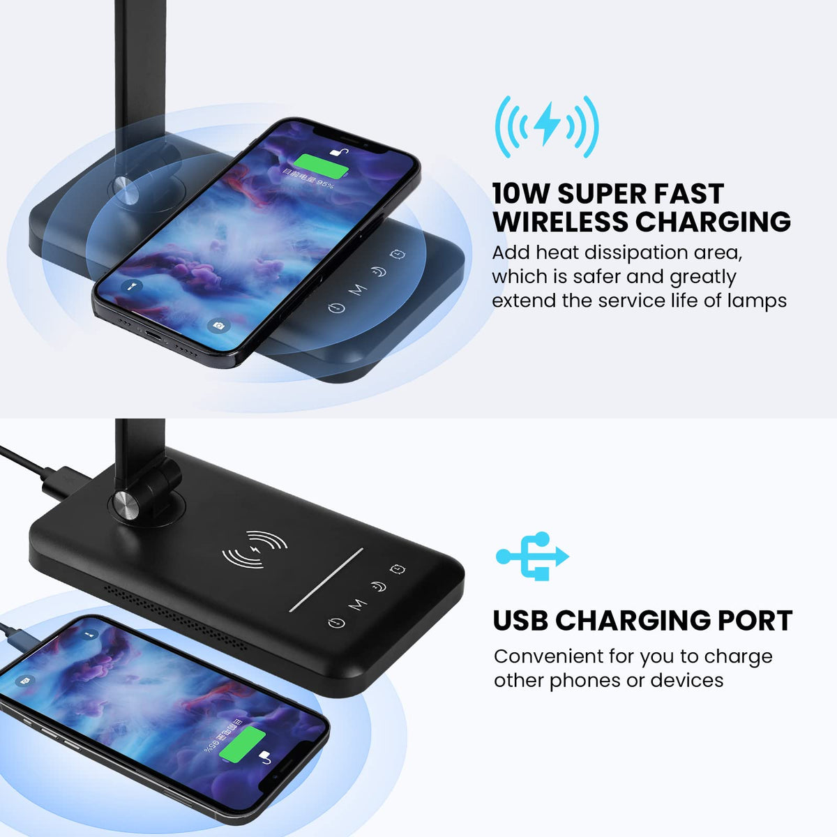 LED Desk Lamp with Wireless Charger, USB Charging Port, Eye Care Black PRO