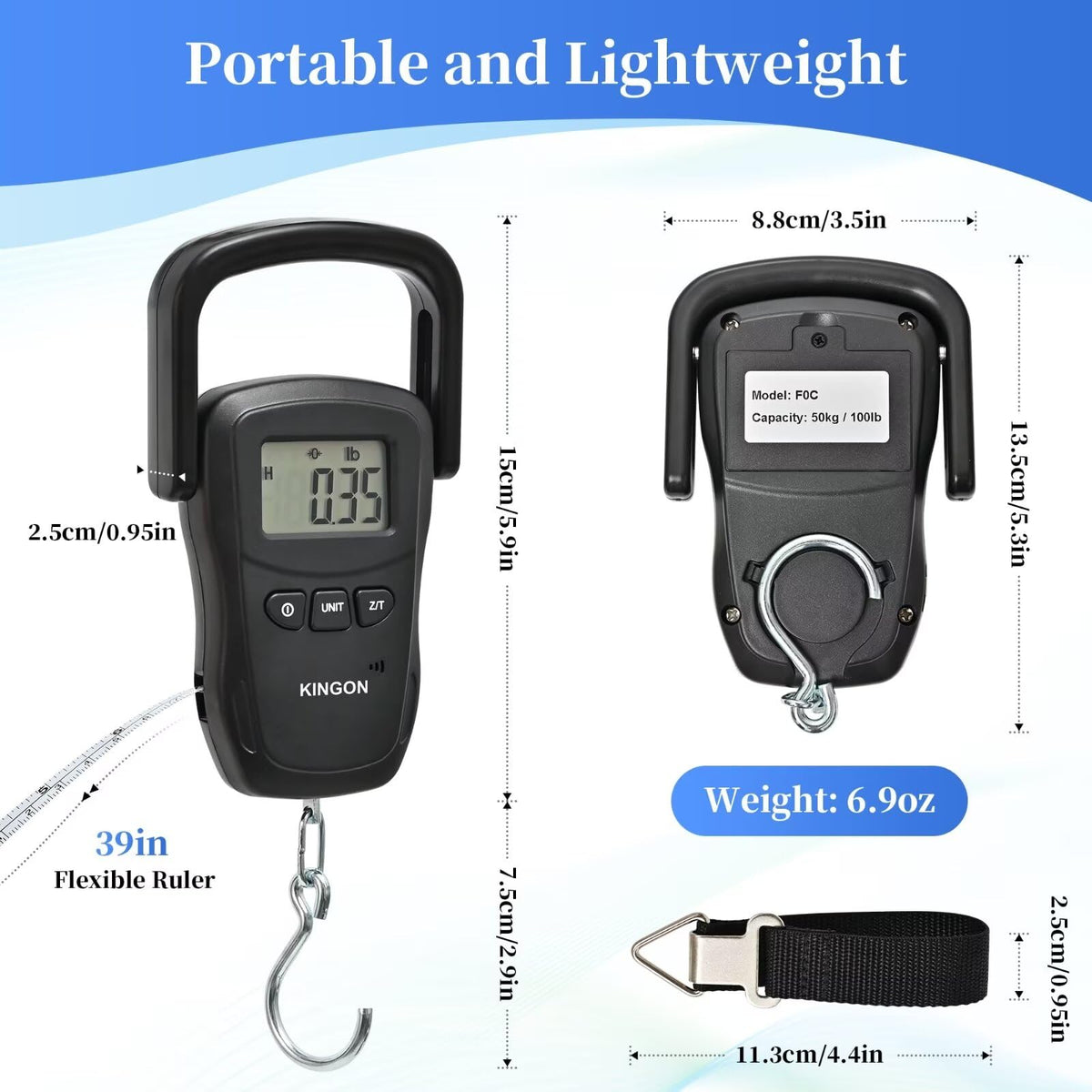 Rechargeable Luggage Scale, Digital Portable Bag Scale for Travel, Suitcase Weight Scale with Strap & Comfortable Handle, 110lb/50kg Capacity