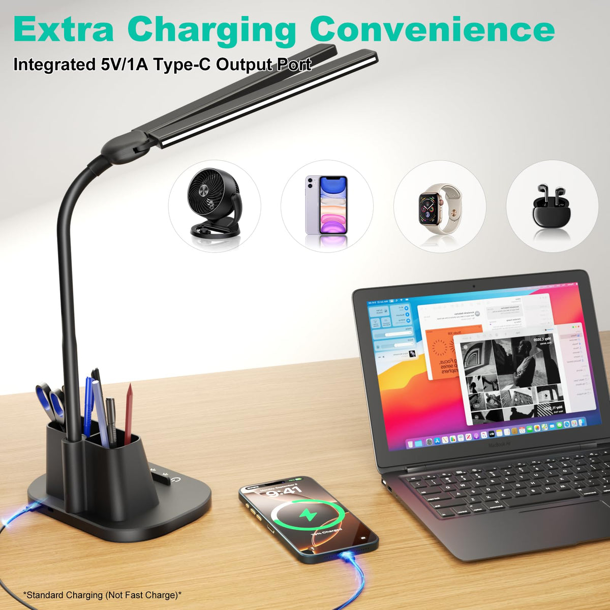 Airlonv LED Desk Lamp with Clamp, 17" Stepless Dimming Light, Black Standard