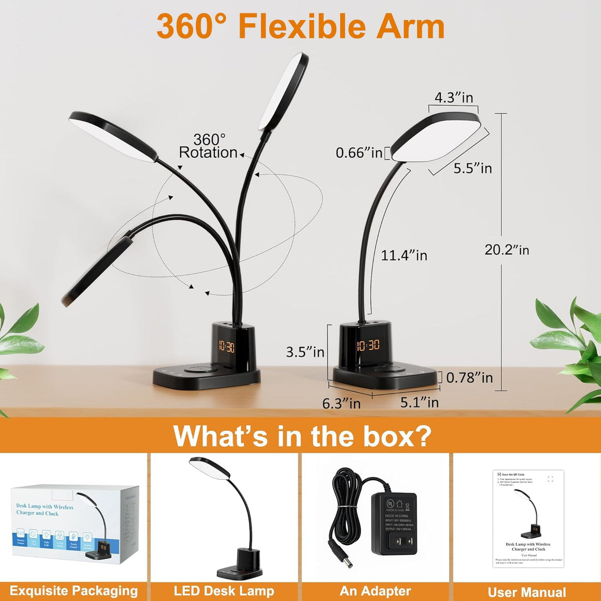 10W Wireless Charging LED Desk Lamp with Clock, Light Black