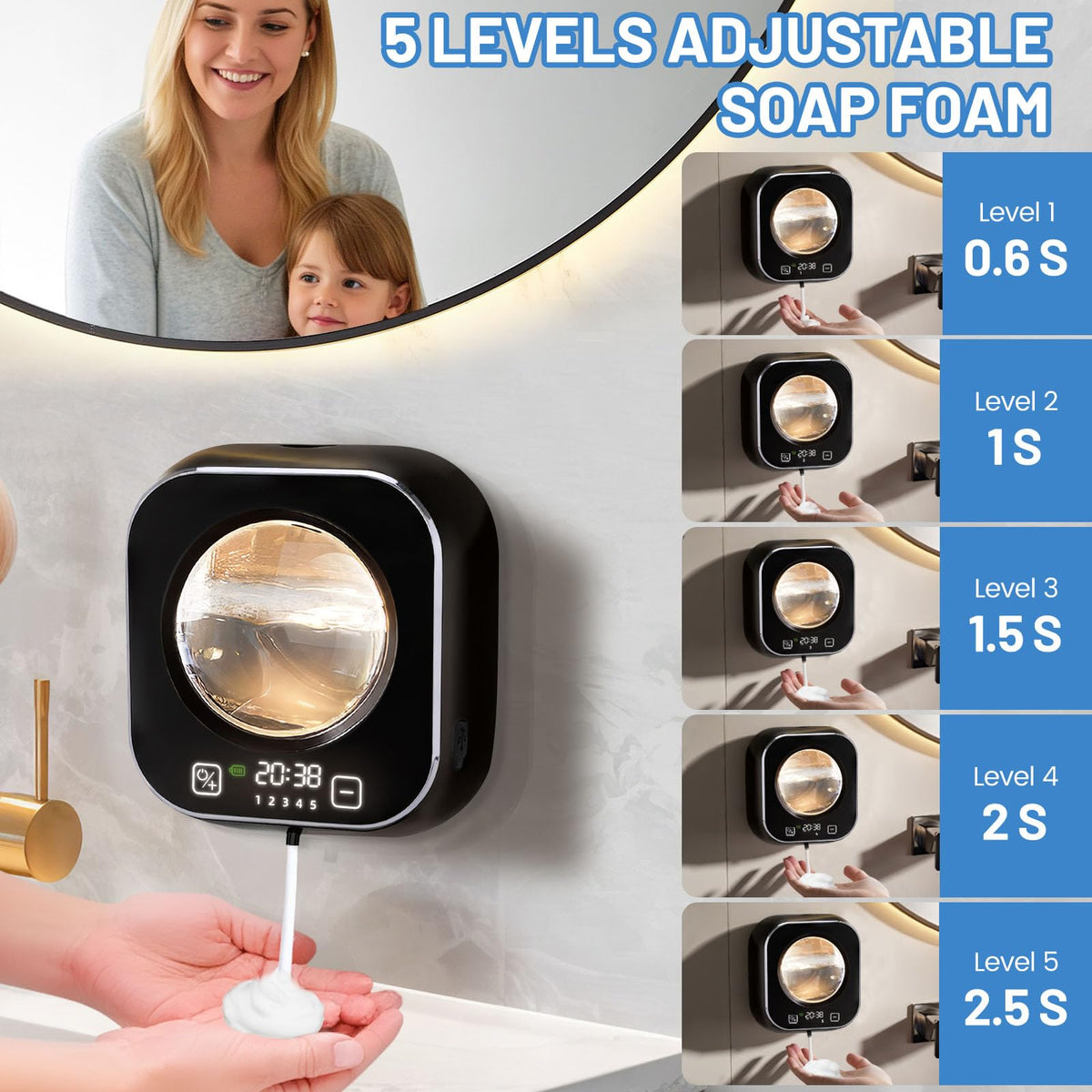 Automatic Soap Dispenser, 320ML Touchless Smart Hand Soap Dispenser, 5 Adjustable Soap Levels, Rechargeable Wall Mounted Electric Foam Soap Dispenser for Bathroom Kitchen Office (Black) Black