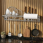 Stainless Steel Kitchen Utensil Holder with Hooks & Paper Towel Rack – Wall Mounted Organizer for Knives, Spoons,Spatula&Towels (19.658 inches+10 Hooks) 19.658 inches+10 Hooks