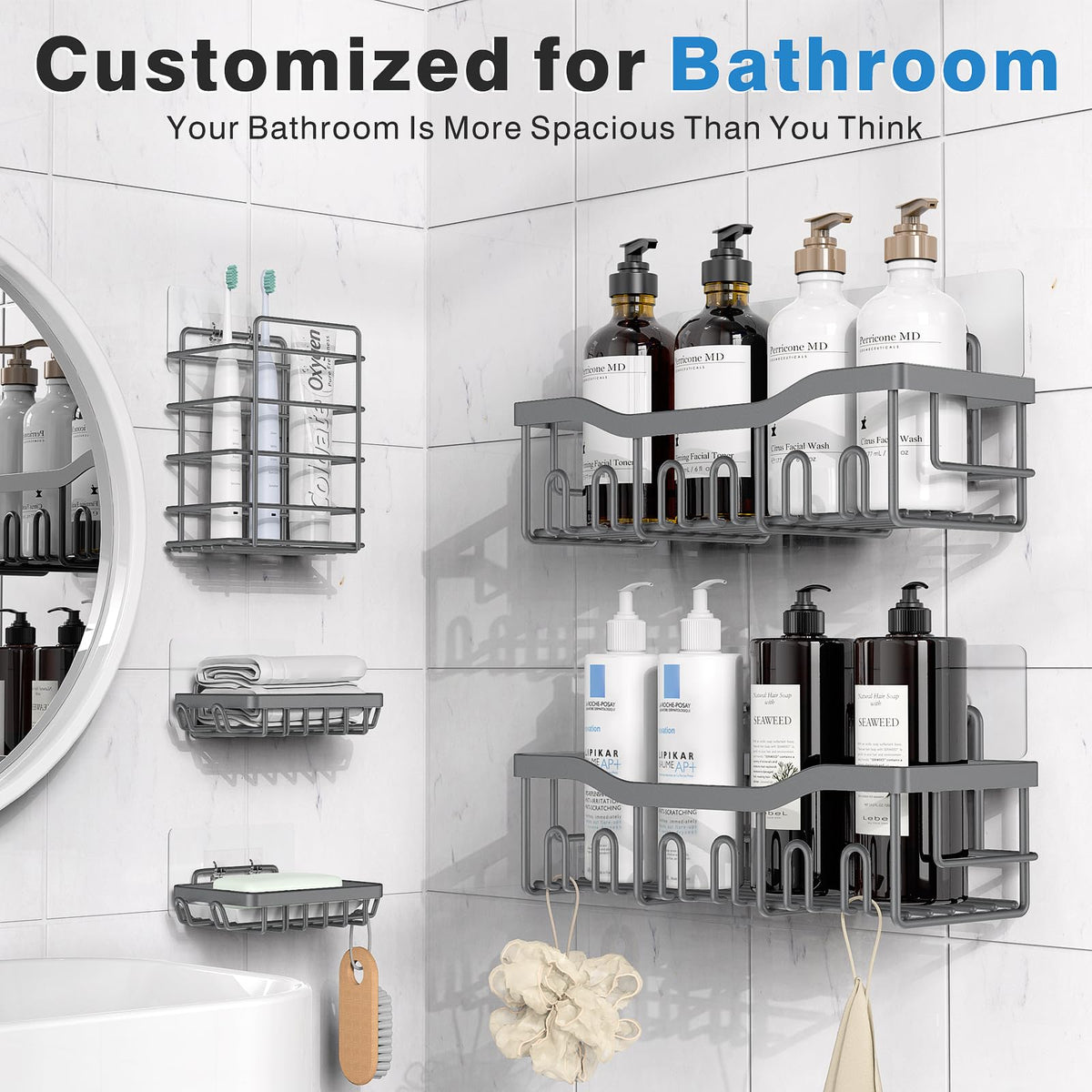 EUDELE Adhesive Shower Caddy, 5 Pack Rustproof Stainless Steel Bath Organizers With Large Capacity, No Drilling Shelves for Bathroom Storage & Home Decor Black