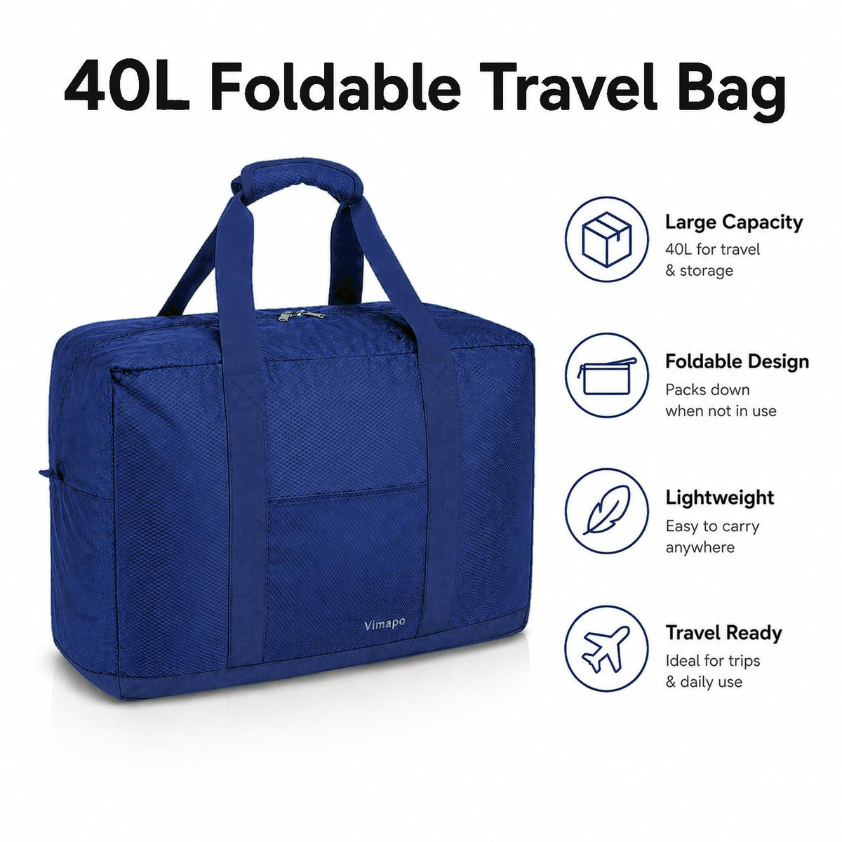 Foldable Travel Duffle Bag with Trolley Sleeve 40L Travel Bag Black