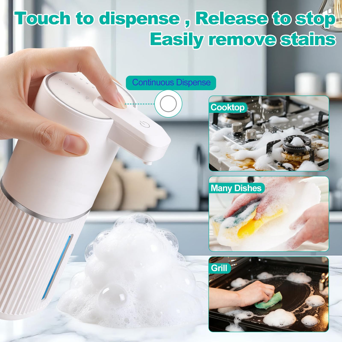 Automatic Soap Dispenser, Foaming Soap Dispenser Touchless with Continuous Dispensing, 4-Level Adjustable, Rechargeable Hand Soap Dispensers, Wall Mounted or Countertop for Bathroom & Kitchen Gold