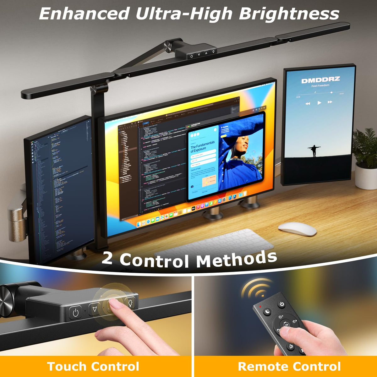 Airlonv LED Desk Lamp with Clamp, 17" Stepless Dimming Light, Black Standard